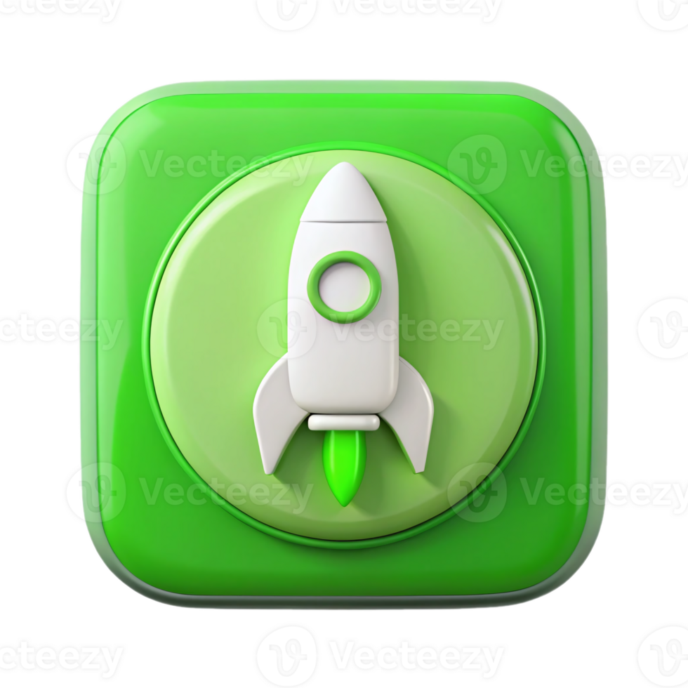 Green rocket launch button icon with modern 3d design, ideal for startup, innovation, app launch, game interface, or business activation projects png