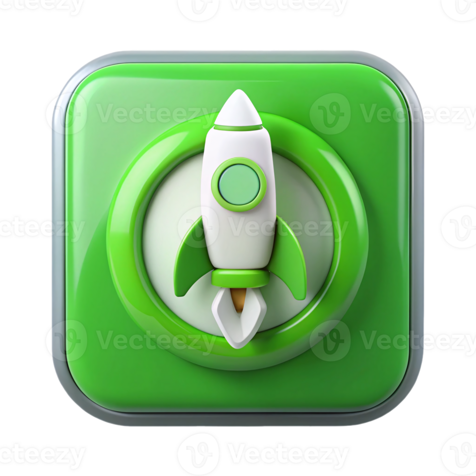 Green rocket icon start button for business apps and software, representing innovation and launch concepts in technology, startup, and marketing projects png