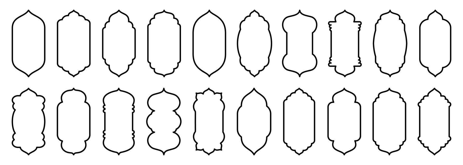 Set of shape Islamic arch, door and window silhouette Arabic arch. Collection of patterns in oriental style. Frames in Arabic Muslim design for Ramadan Kareem stroke isolated on white vector