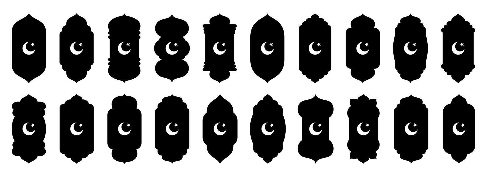 Shape Islamic door, arch and window silhouette Arabic with crescent moon. Collection of patterns in oriental style. Frames in Arabic Muslim design for Ramadan Kareem. gate mosque isolated on vector