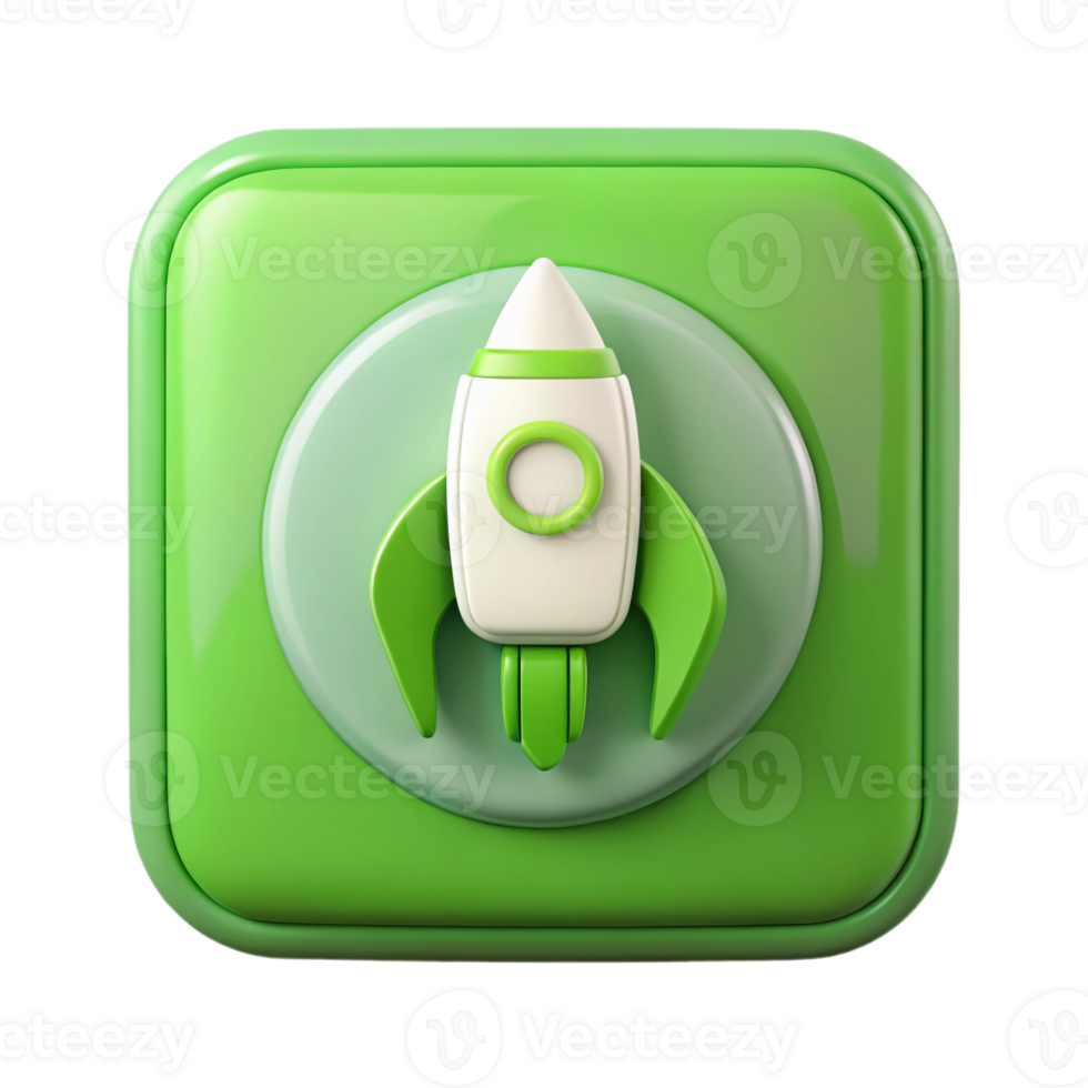 Launch button icon featuring a green rocket, perfect for app interfaces, tech startups, or business concepts symbolizing growth, innovation, and progress png