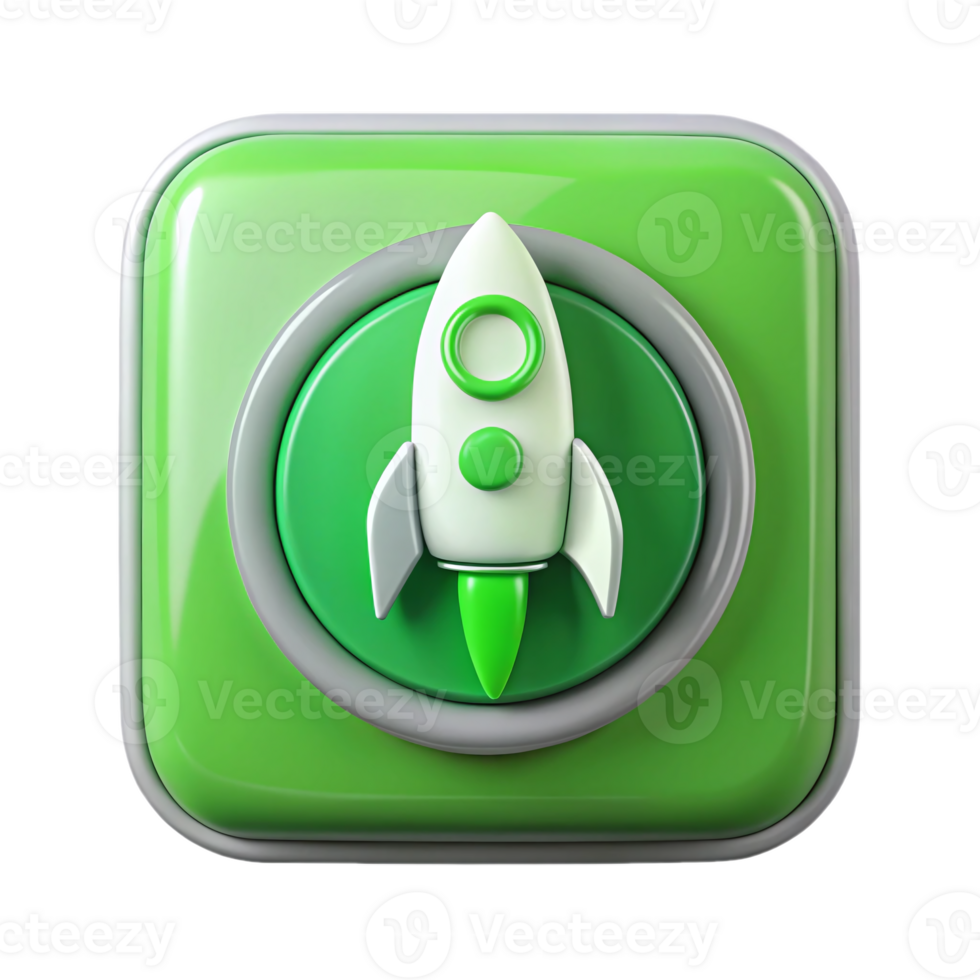 Green start button with a rocket icon, symbolizing launch, growth, or innovation, perfect for business apps, websites, or startup projects requiring activation imagery. png