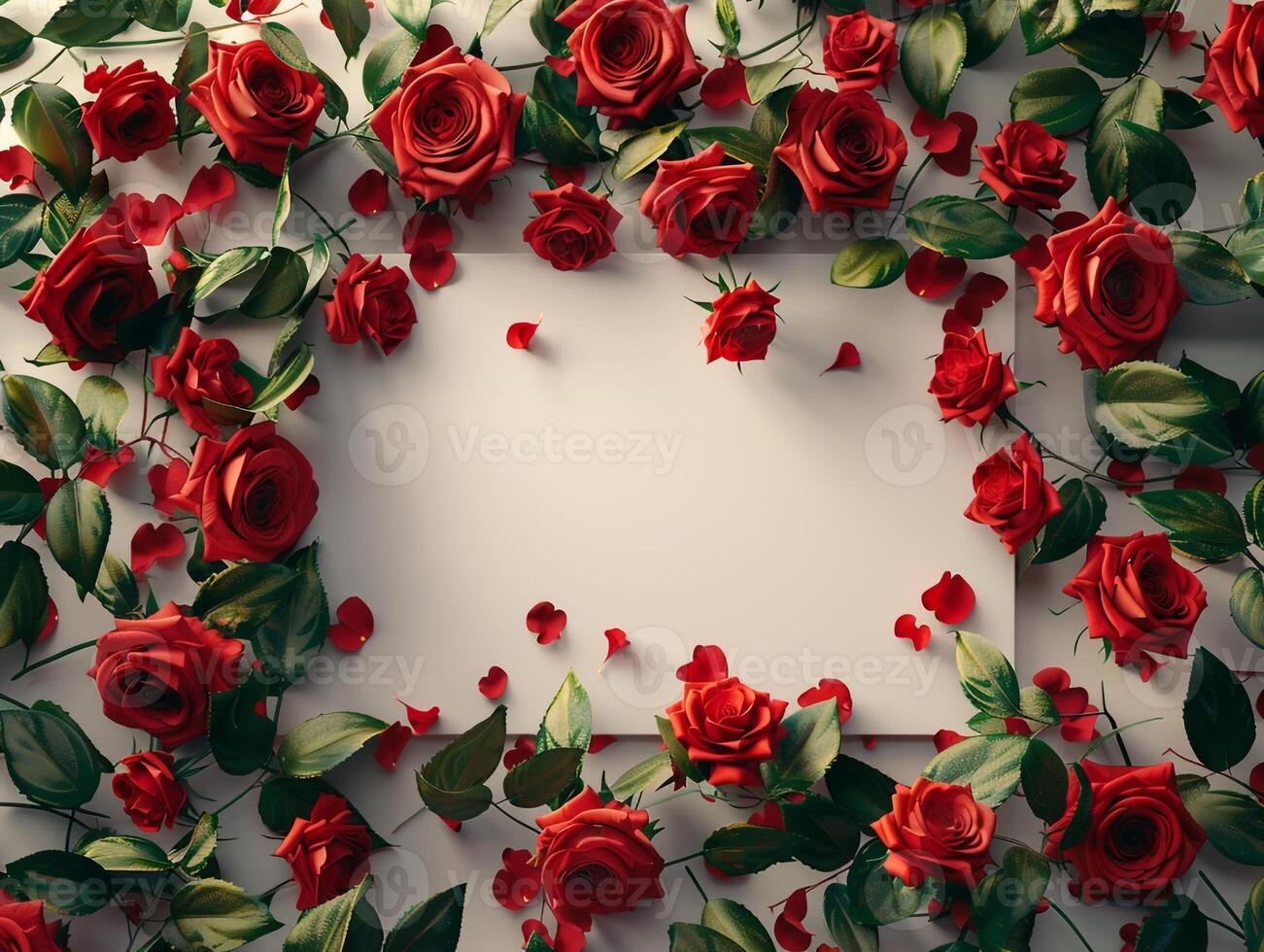 Romantic Valentine Celebration Day Card With Multiple Red Roses Around The Card photo
