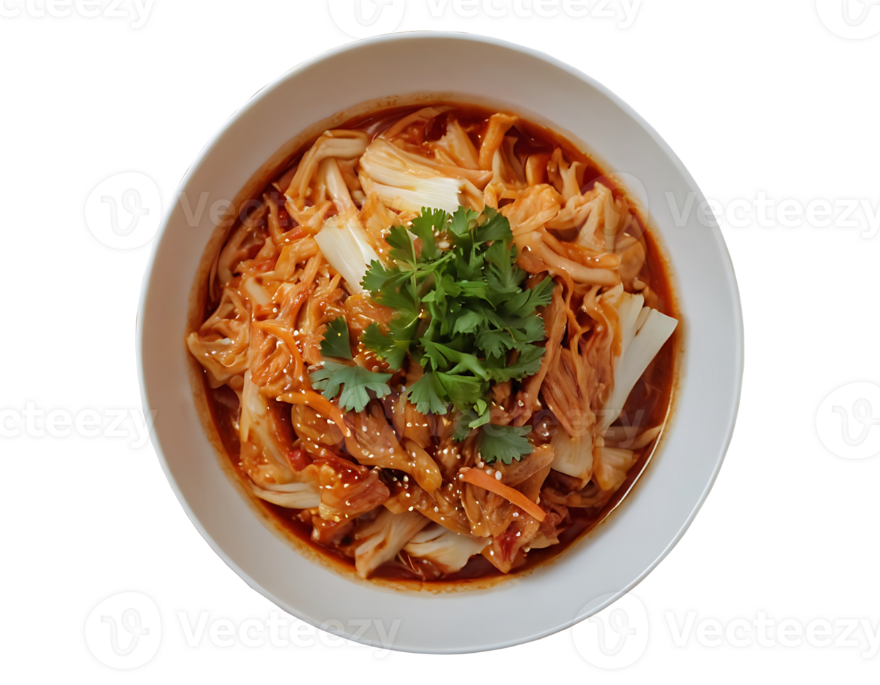 Kimchi cabbage in a bowl with chopsticks for eating on wooden background, top view, Korean food one transparent background png