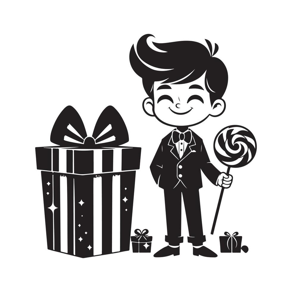 A cartoon boy holding a lollipop and a gift box vector