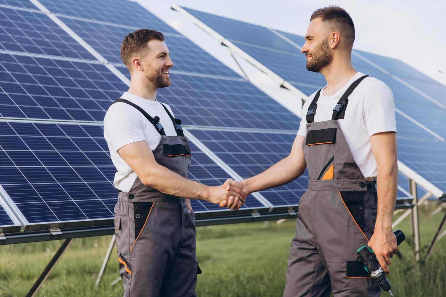 Two bearded workers in overalls shake hands after completing a panel plan photo