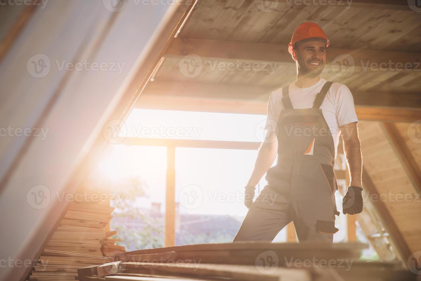 Process of construction new and modern modular house. Worker man in special protective uniform wear working on building development industry of energy efficient property. photo