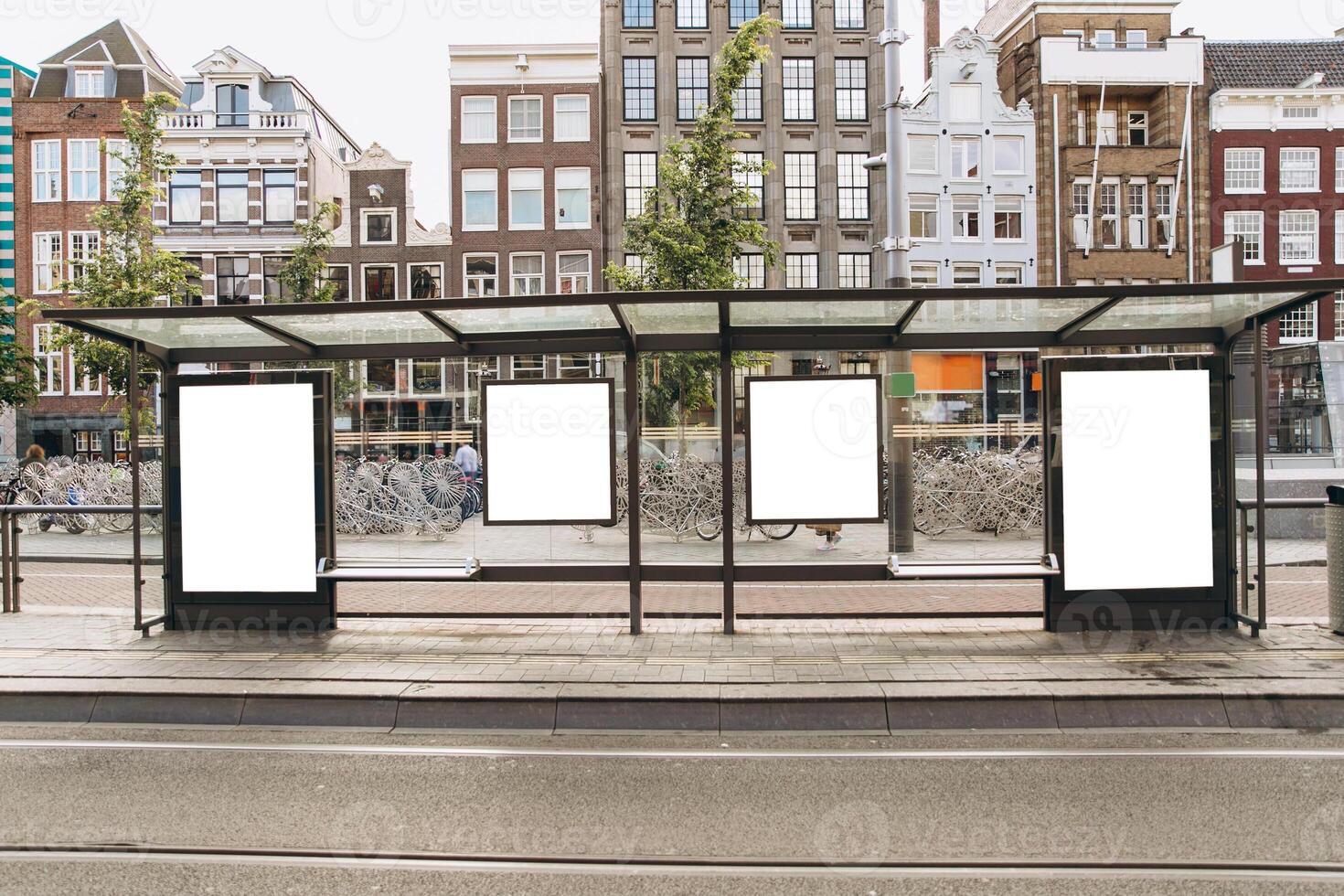 Stop in Amsterdam in Holland with blank advertising banners. Mockup concept photo
