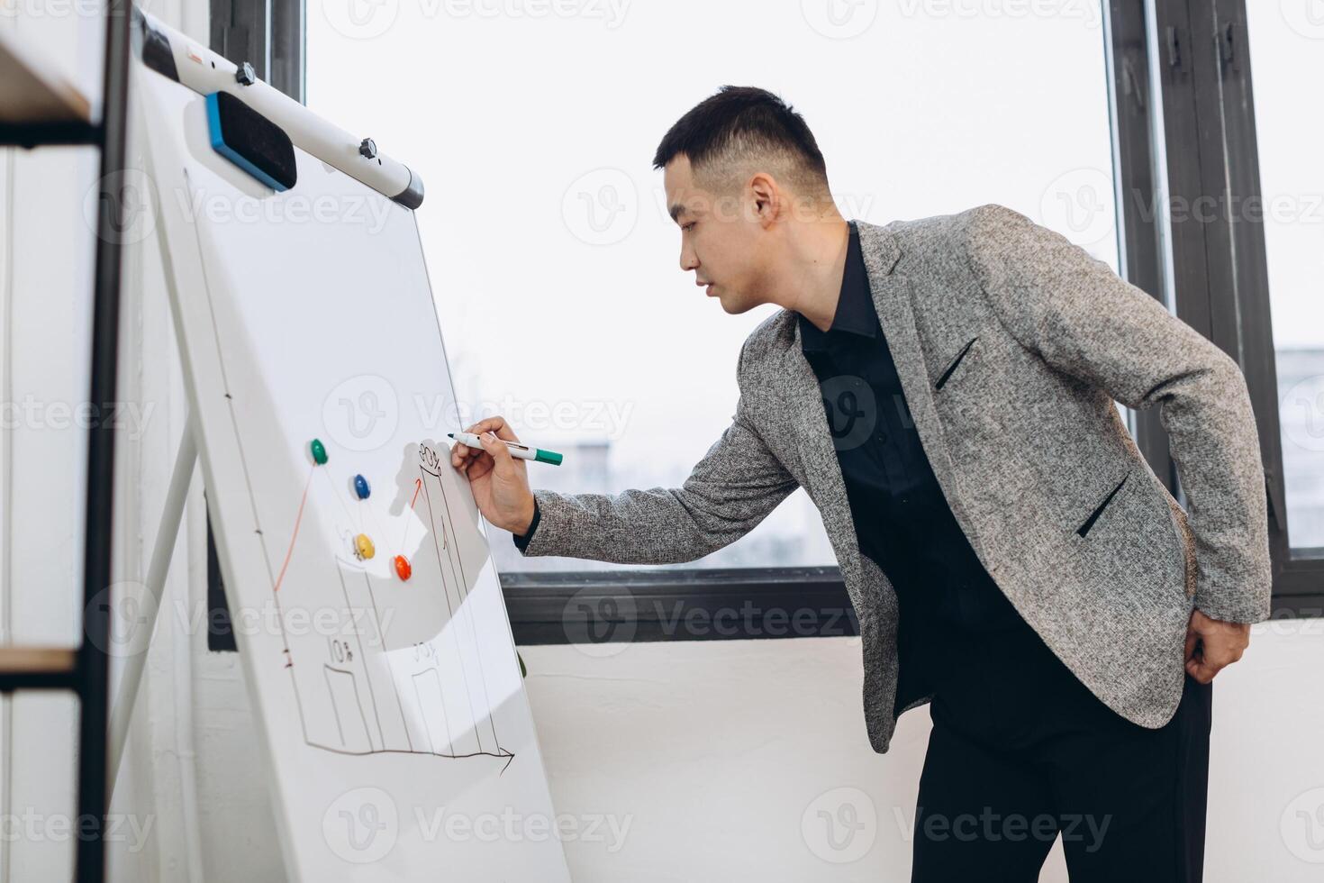 Asian businessman standing writing diagram and graph on whiteboard with presentation to manager in office room. photo