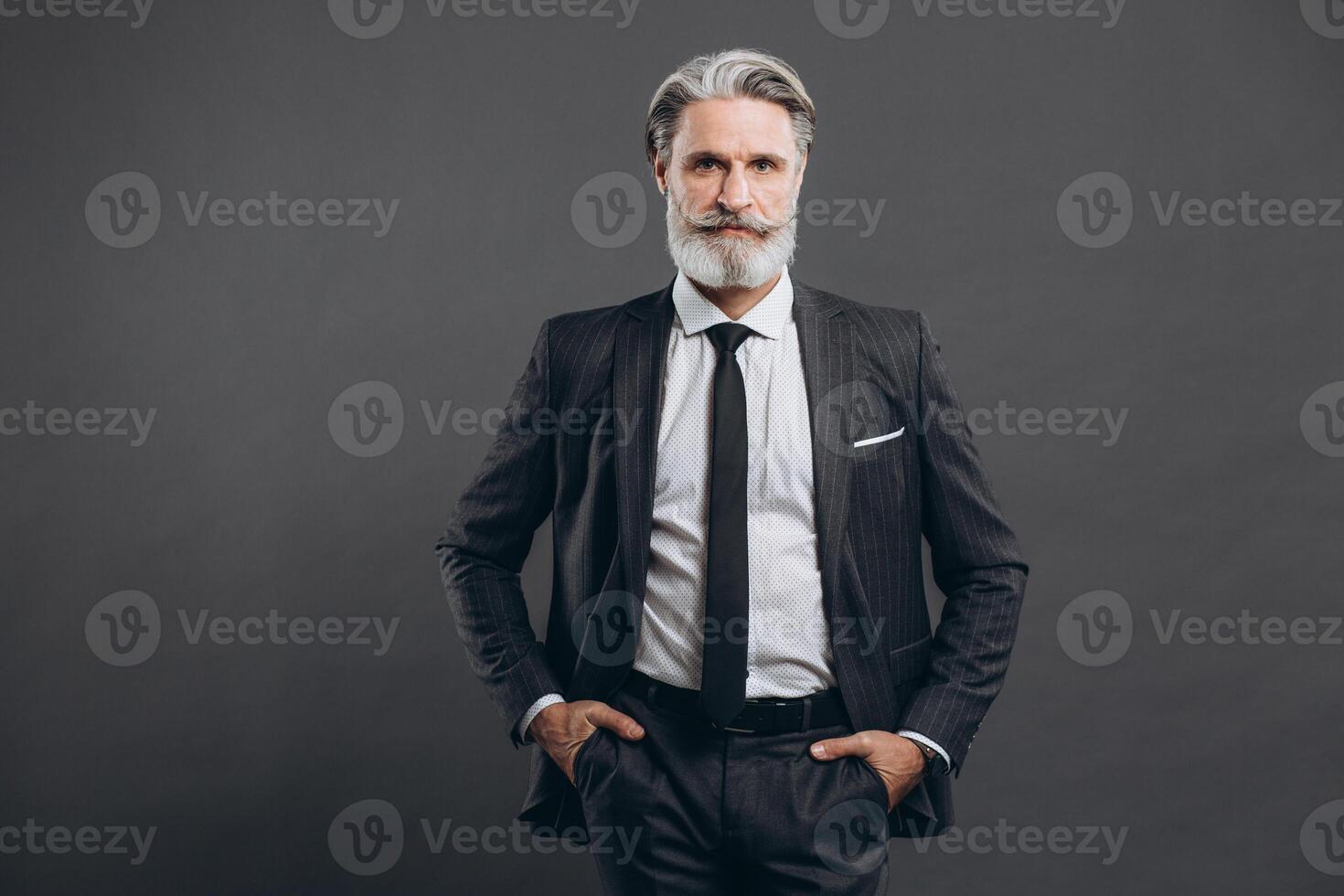 Portrait of a stylish and fashionable mature man in a gray suit. Business and trendy close-up concept on the grey background. photo