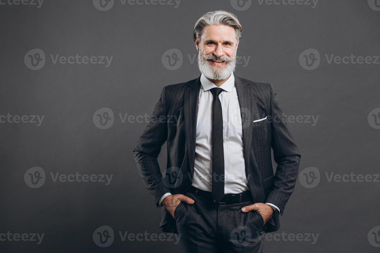 Portrait of a stylish and fashionable mature man in a gray suit. Business and trendy close-up concept on the grey background. photo