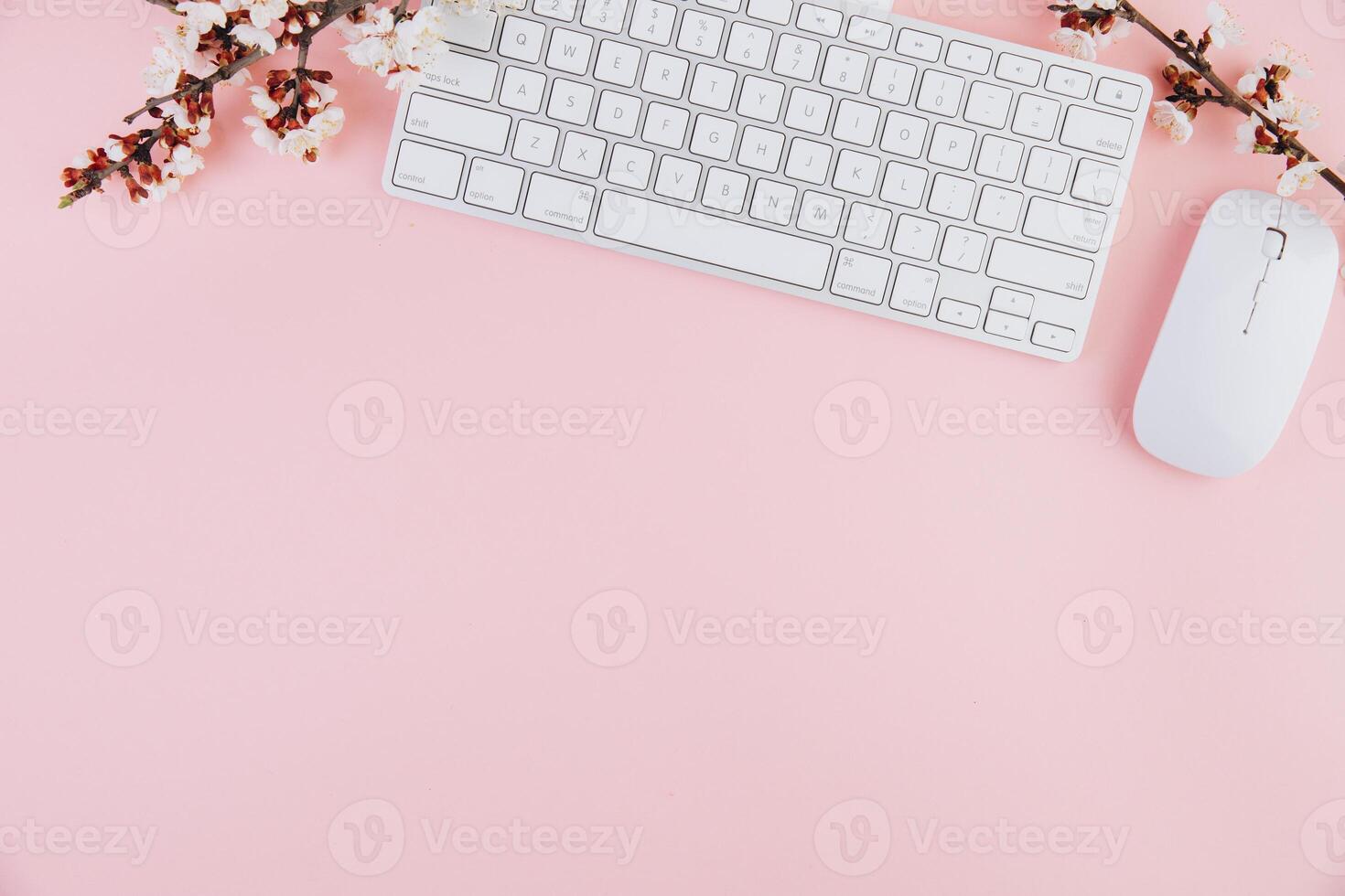 Spring flat lay top view home office workspace - modern keyboard and notebook with cherry blossom branches on a pink desk background photo