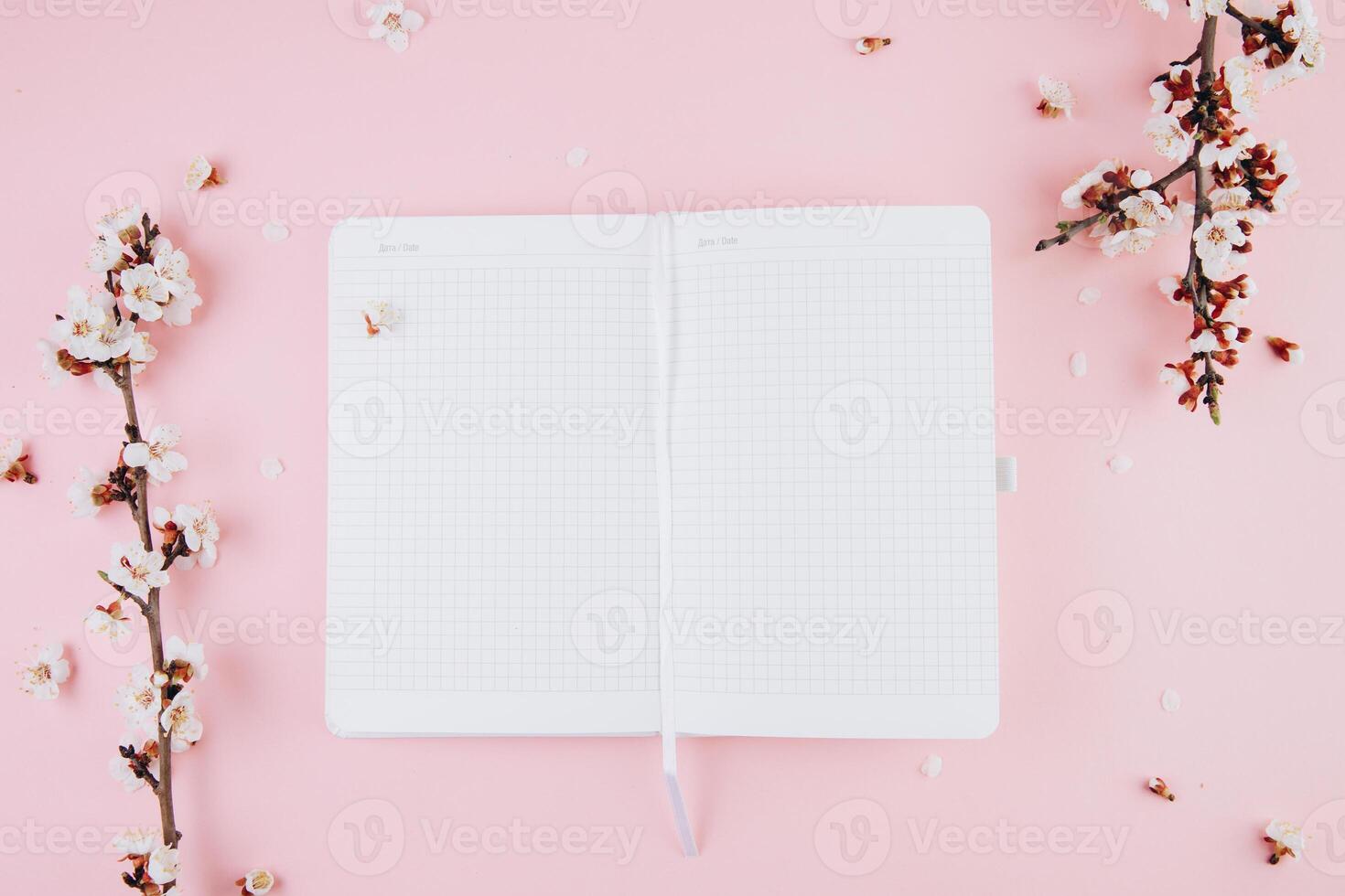 Spring flowers - cherry blossom, empty notebook on a pink table. Ideas, notes, goals or plan writing, birthady, invitation concept. Top view, flat lay. photo