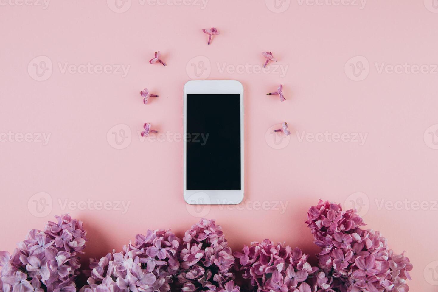 Mobile phone mock up and lilac flowers on pink pastel table in flat lay style. Woman working desk. Fashion colour photo