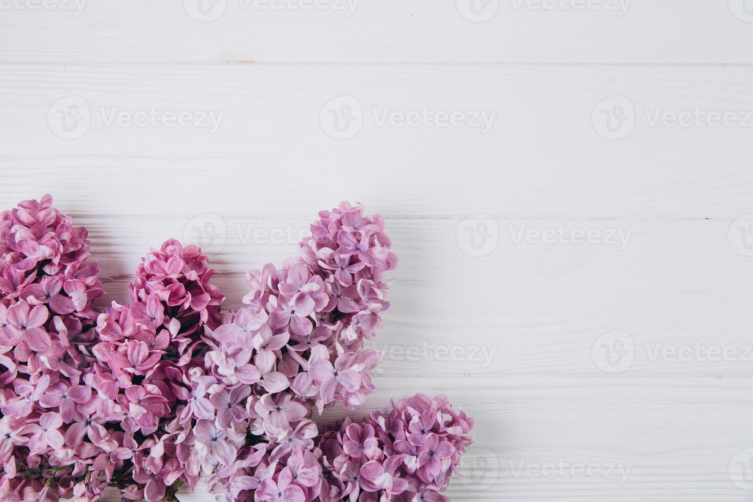 Floral pattern of a branch of lilac on a wooden white background. Top view. Flat lay. Spring concept. Copy space photo