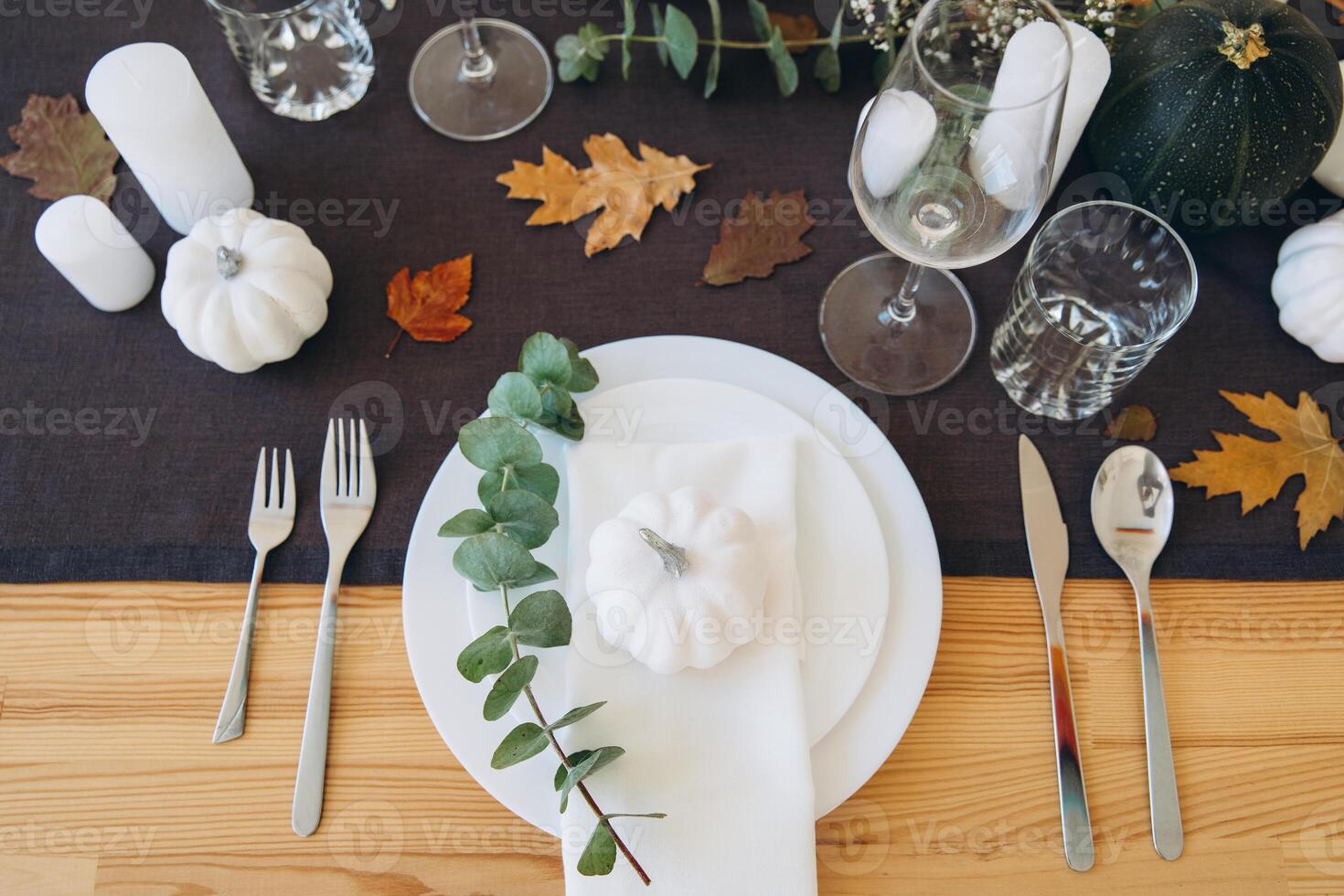 Thanksgiving table setting, tableware and decor, decoration, family holiday. Autumn mockup, top view photo