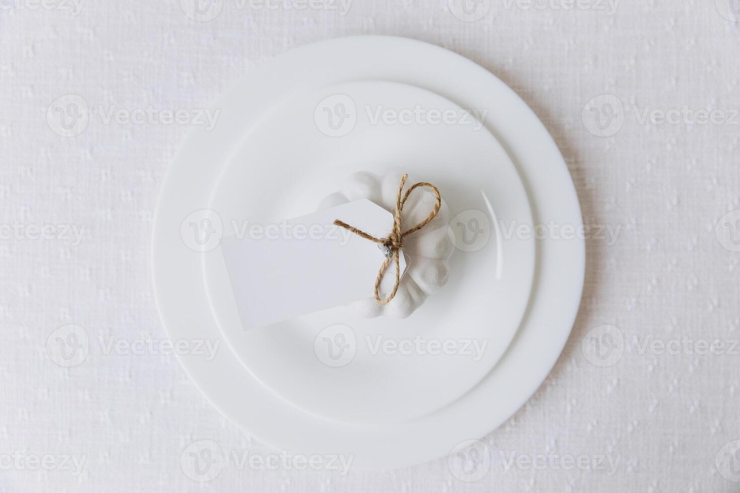 Thanksgiving set. Table setting, white plates with pumpkin, mockup, top view photo