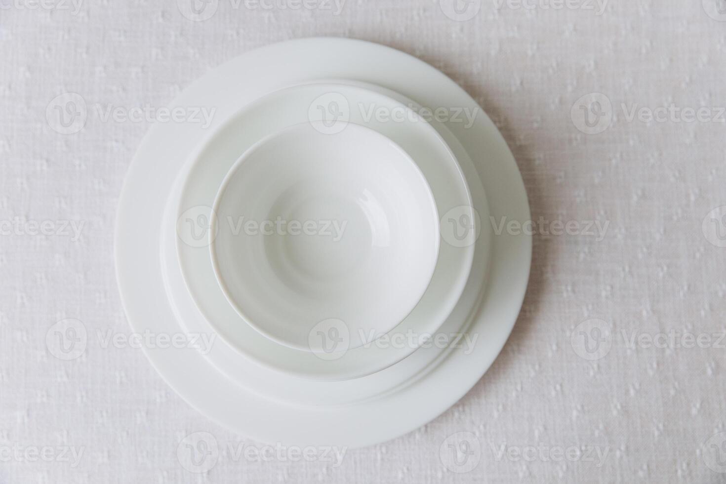 Thanksgiving set. Table setting, white plates, mockup, top view photo