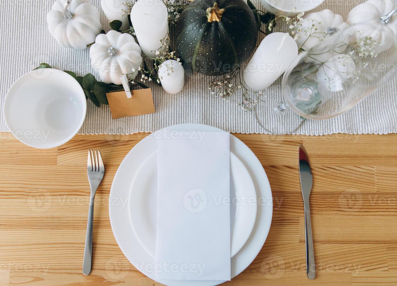 Thanksgiving table setting, tableware and decor, decoration, family holiday. Autumn mockup. photo