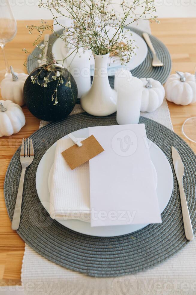 Thanksgiving table setting, tableware and decor, decoration, family holiday. Autumn mockup. photo
