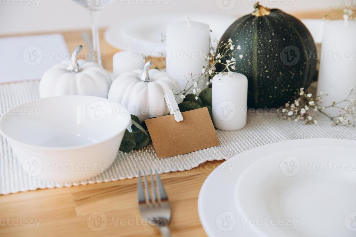 Thanksgiving table setting, tableware and decor, decoration, family holiday. Autumn mockup. photo
