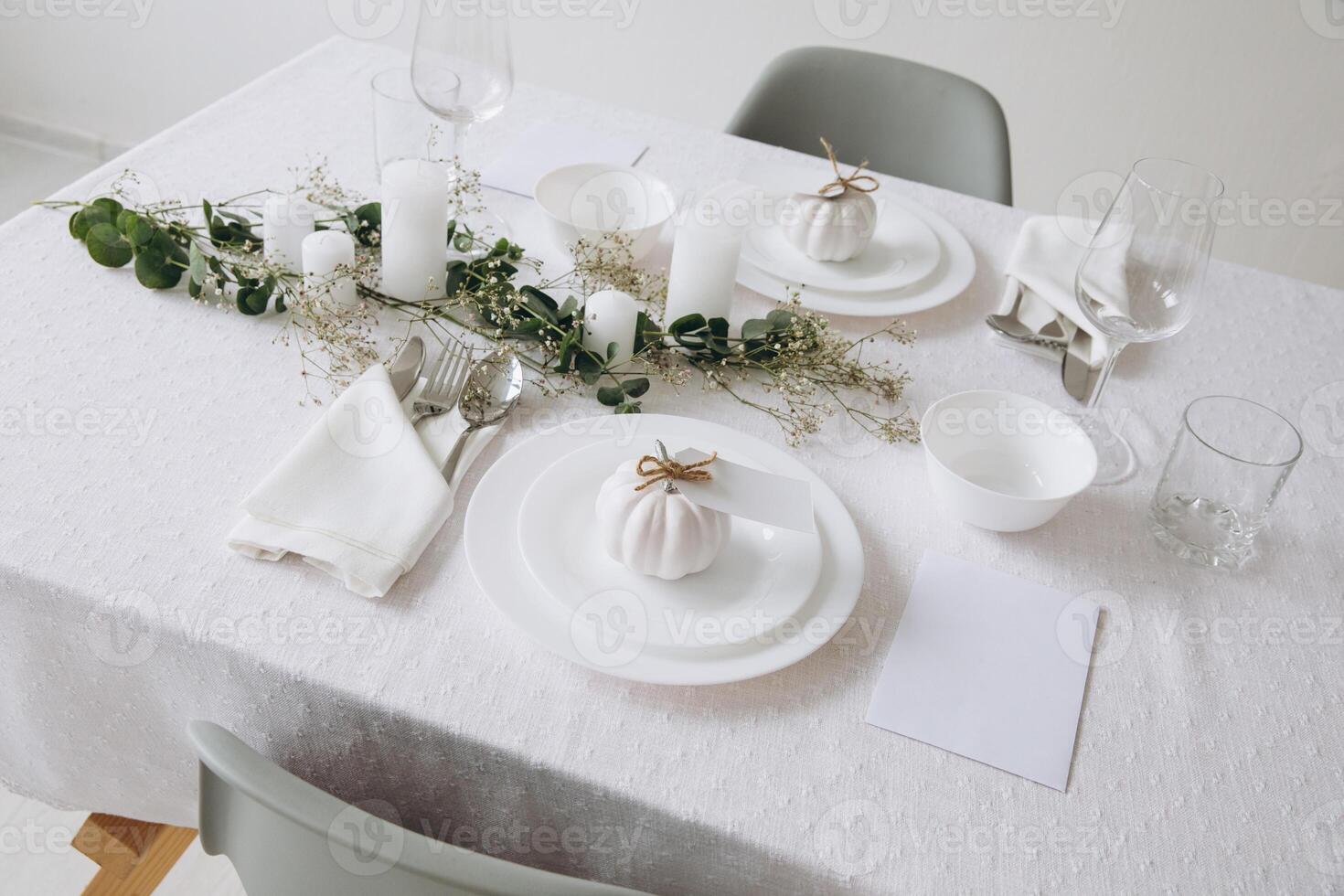 Thanksgiving table setting, tableware and decor, decoration, family holiday. Autumn mockup. photo