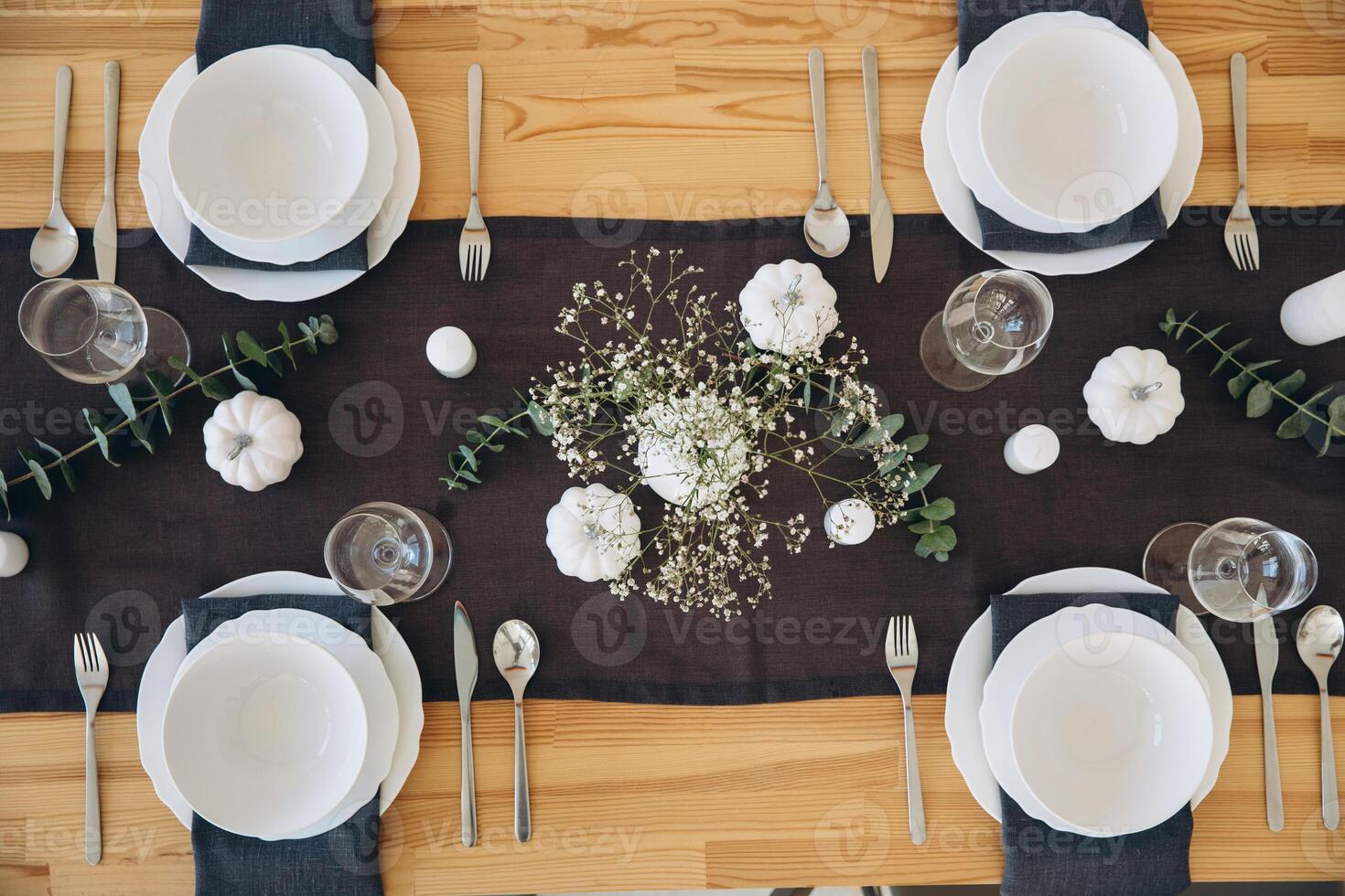 Thanksgiving table setting, tableware and decor, decoration, family holiday. Autumn mockup, top view photo