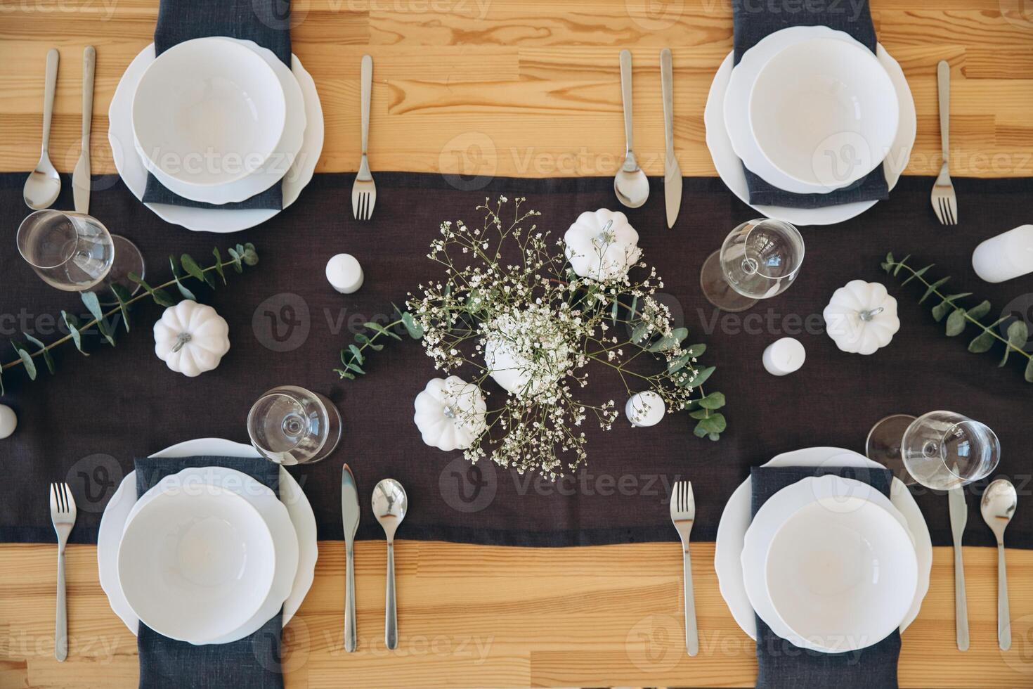 Thanksgiving table setting, tableware and decor, decoration, family holiday. Autumn mockup, top view photo