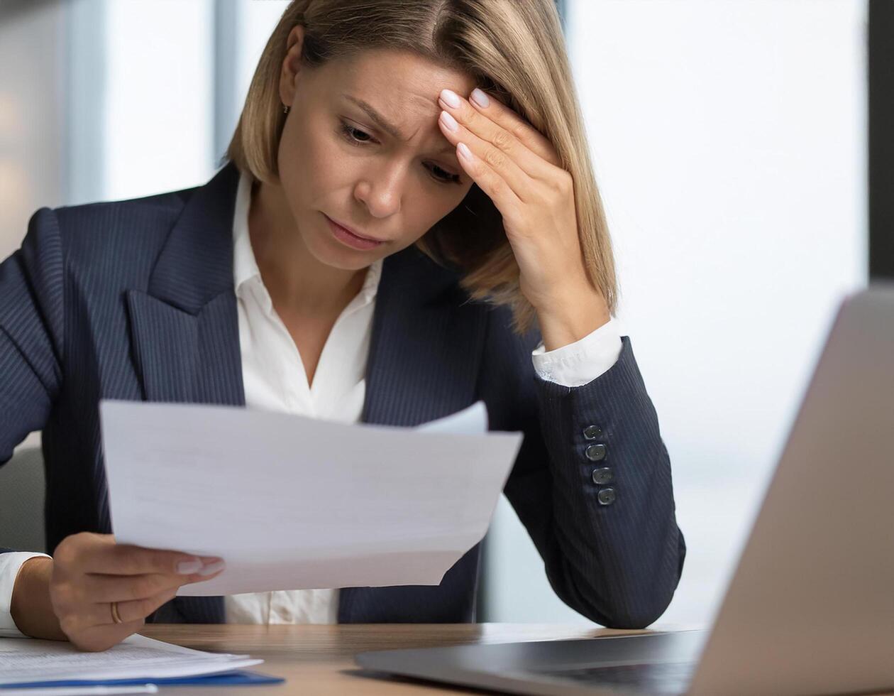 Unhappy businesswoman touching forehead and holding paper, reading bad negative news in letter, upset young female shocked by unexpected loan debt, bank or job dismissal notification, eviction notice. photo