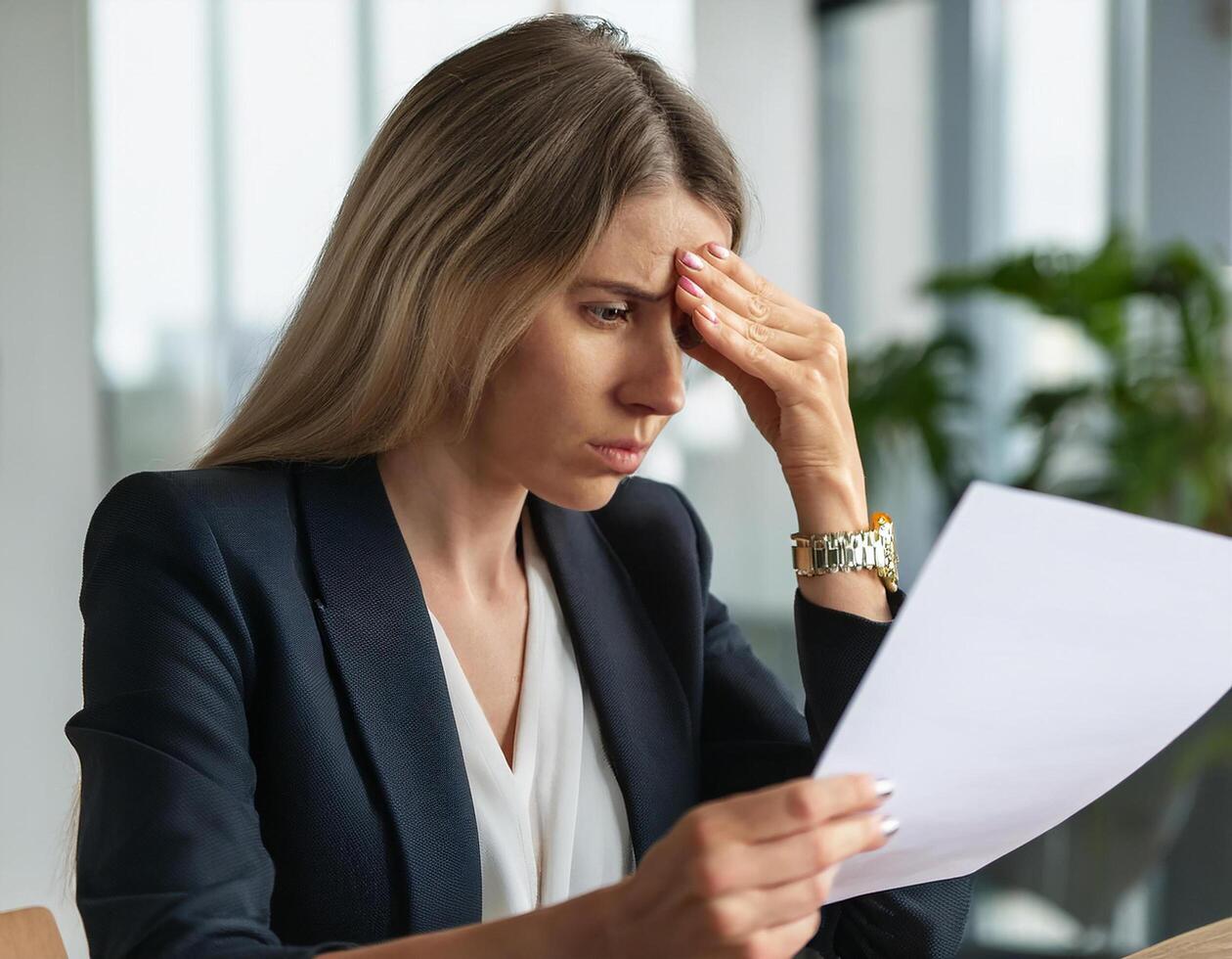 Unhappy businesswoman touching forehead and holding paper, reading bad negative news in letter, upset young female shocked by unexpected loan debt, bank or job dismissal notification, eviction notice. photo