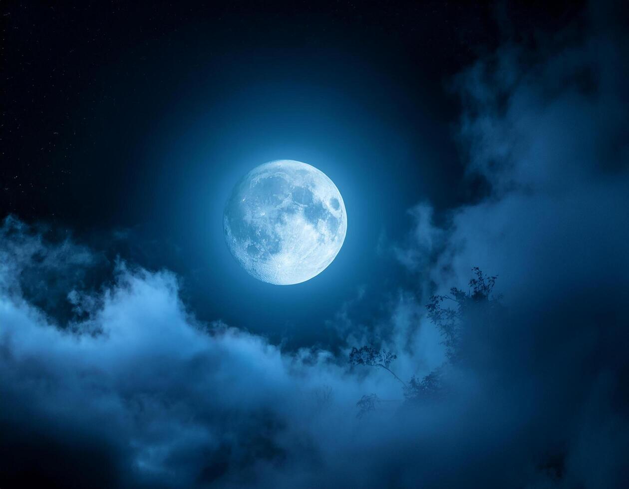 Full moon illuminating a dark, cloudy night sky with dense blue fog. Halloween background , nighttime ambiance, lunar light concept, gothic aesthetic, eerie atmosphere. photo
