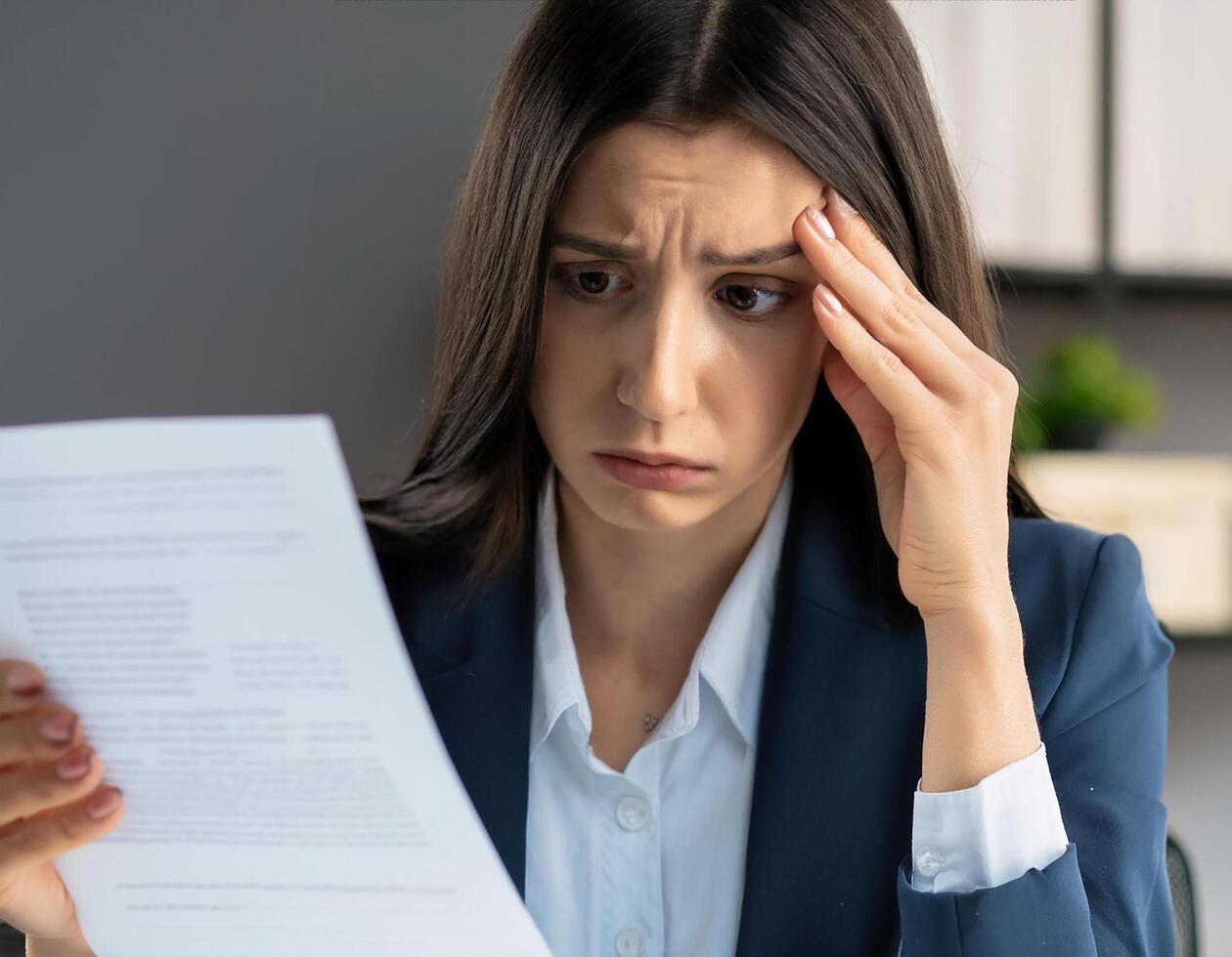 Unhappy businesswoman touching forehead and holding paper, reading bad negative news in letter, upset young female shocked by unexpected loan debt, bank or job dismissal notification, eviction notice. photo