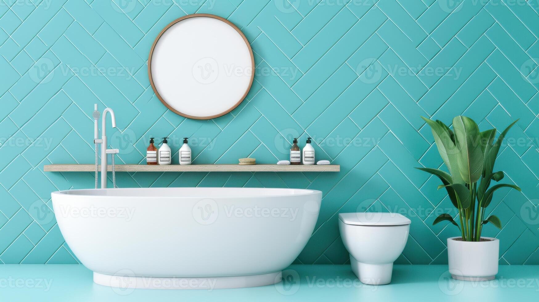 Contemporary bathroom design featuring sleek bathtub, stylish sink, and smart storage solutions against a bluetiled backdrop. photo