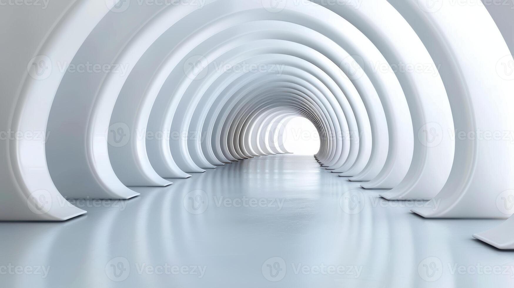 Futuristic 3D room tunnel with white and silver abstract design, illuminated by neon lights for a modern interior. photo