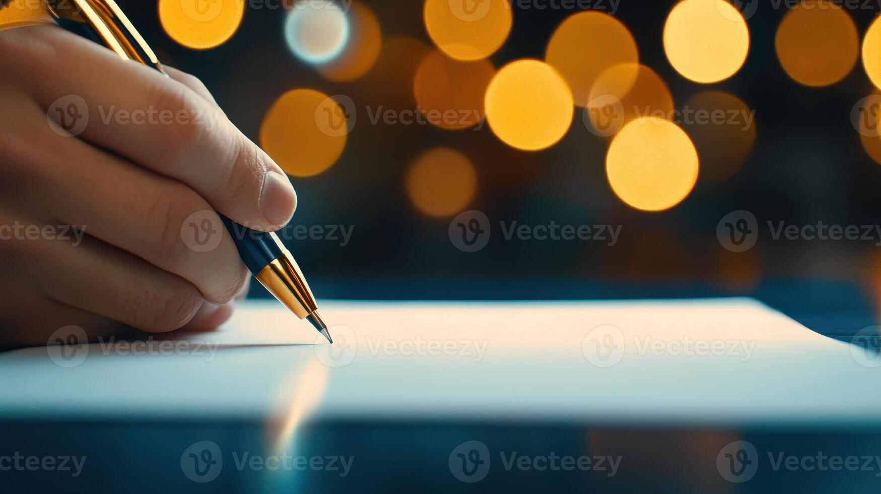 A businessman signs a contract at night, illuminated by soft bokeh lighting, highlighting the significance of the agreement. photo