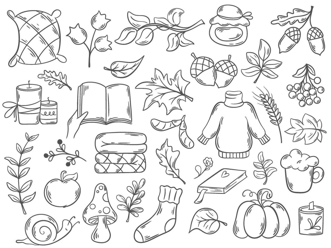 Collection of autumn elements and attributes in doodle sketch style vector