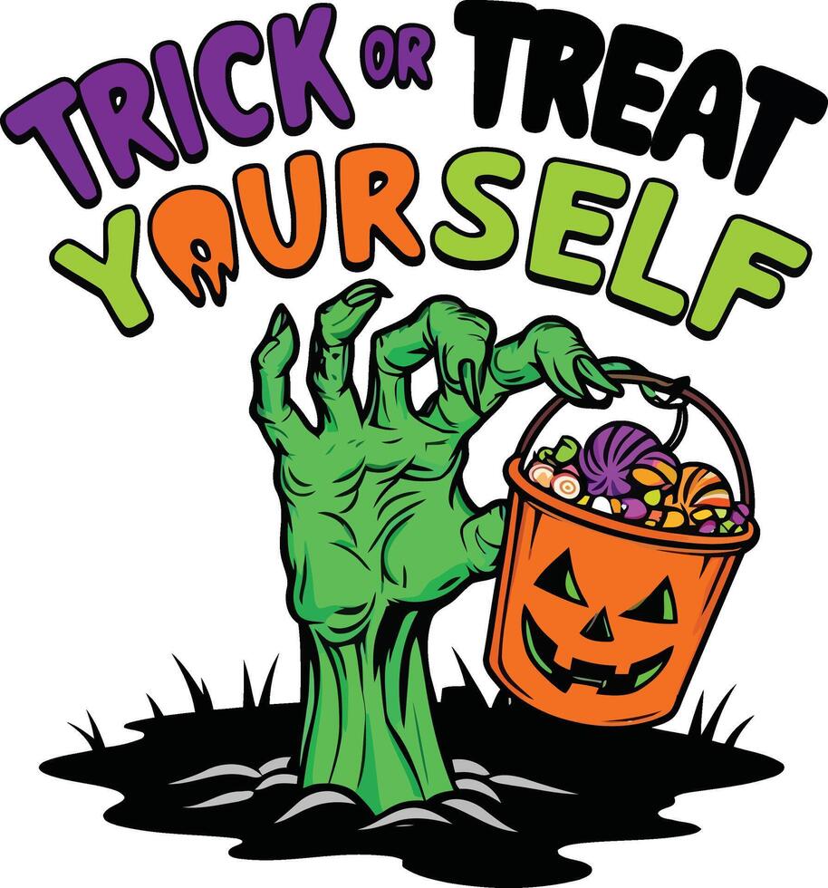 Halloween themed T shirt design featuring trick or treat imagery and ghost characters vector