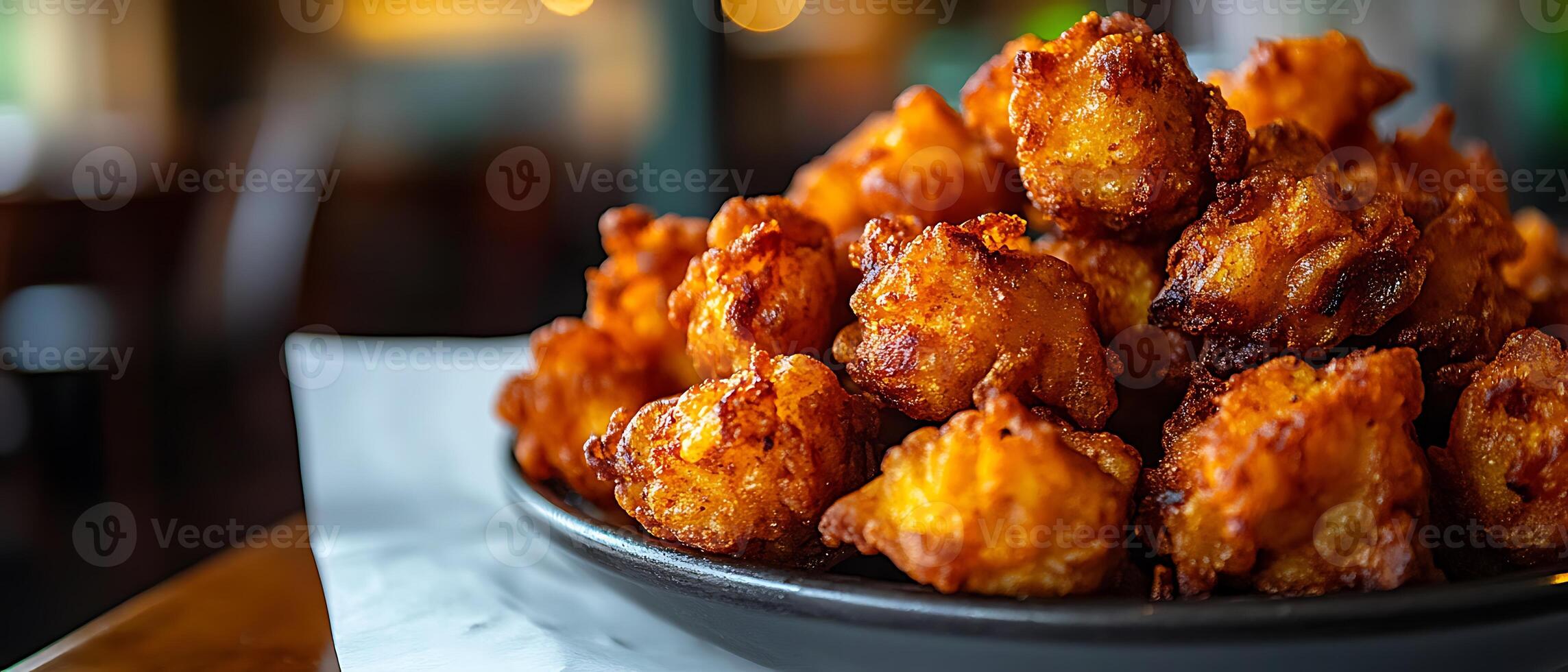 A close-up of a plate piled high with golden, crispy fried snacks. photo