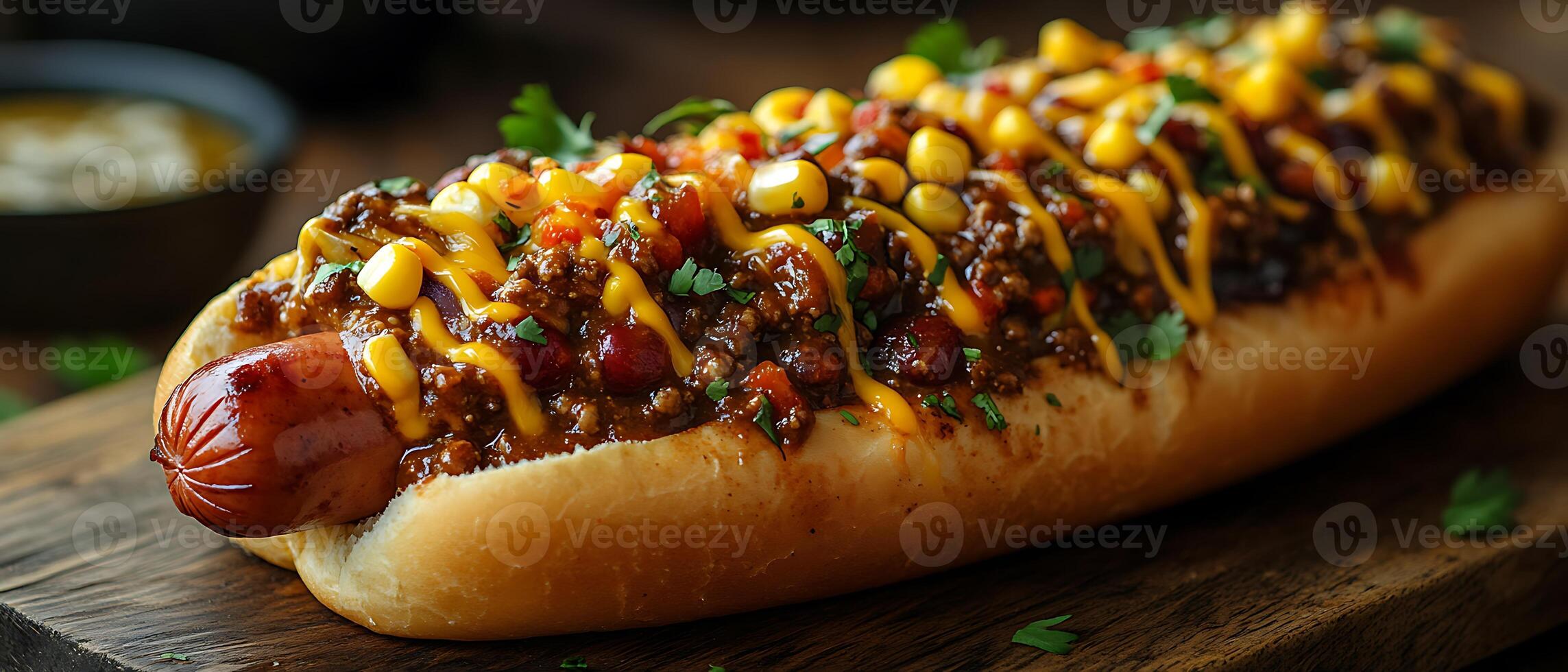 A delicious hot dog topped with chili, cheese, and corn. photo