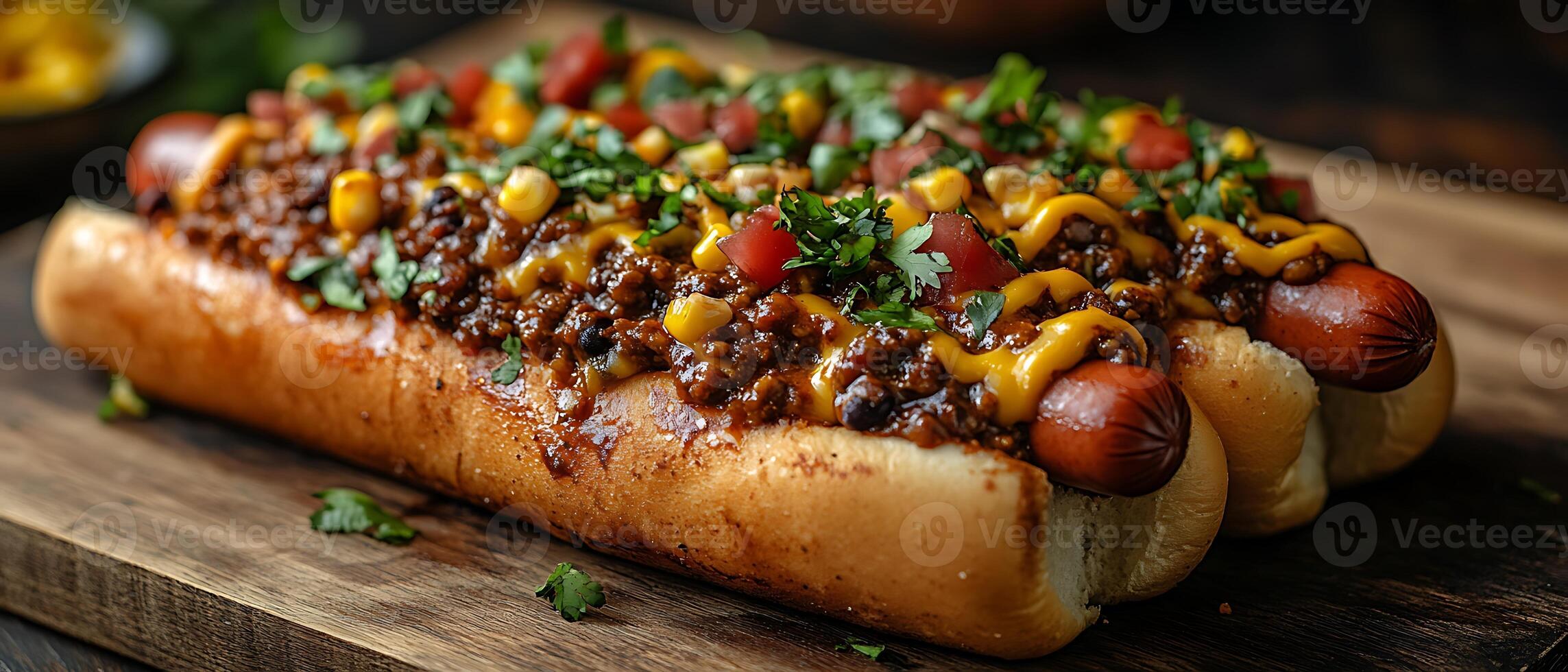 A loaded hot dog topped with chili, cheese, and fresh ingredients. photo