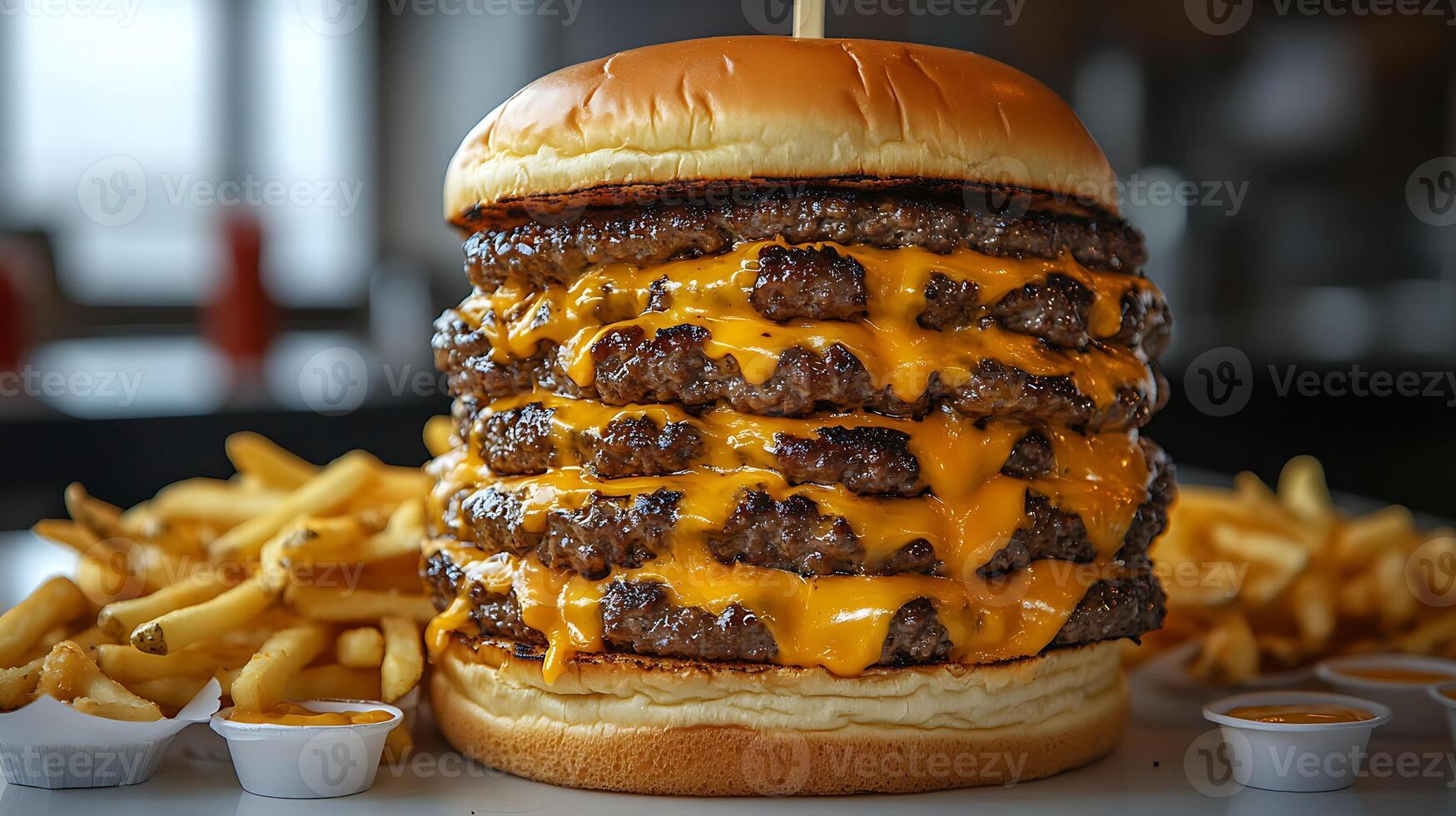 A towering cheeseburger with fries and dipping sauces. photo