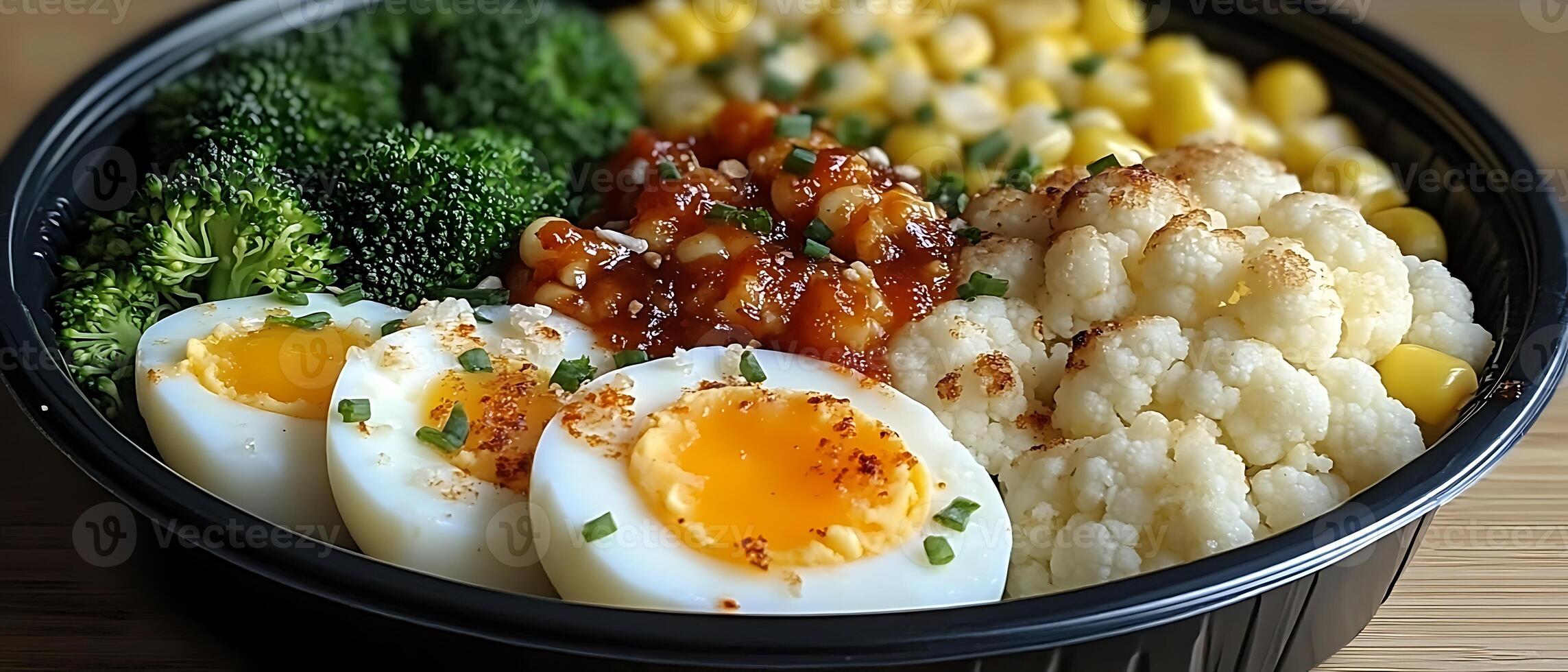 Bowl of healthy food with cauliflower, broccoli, corn, sauce, and eggs. photo