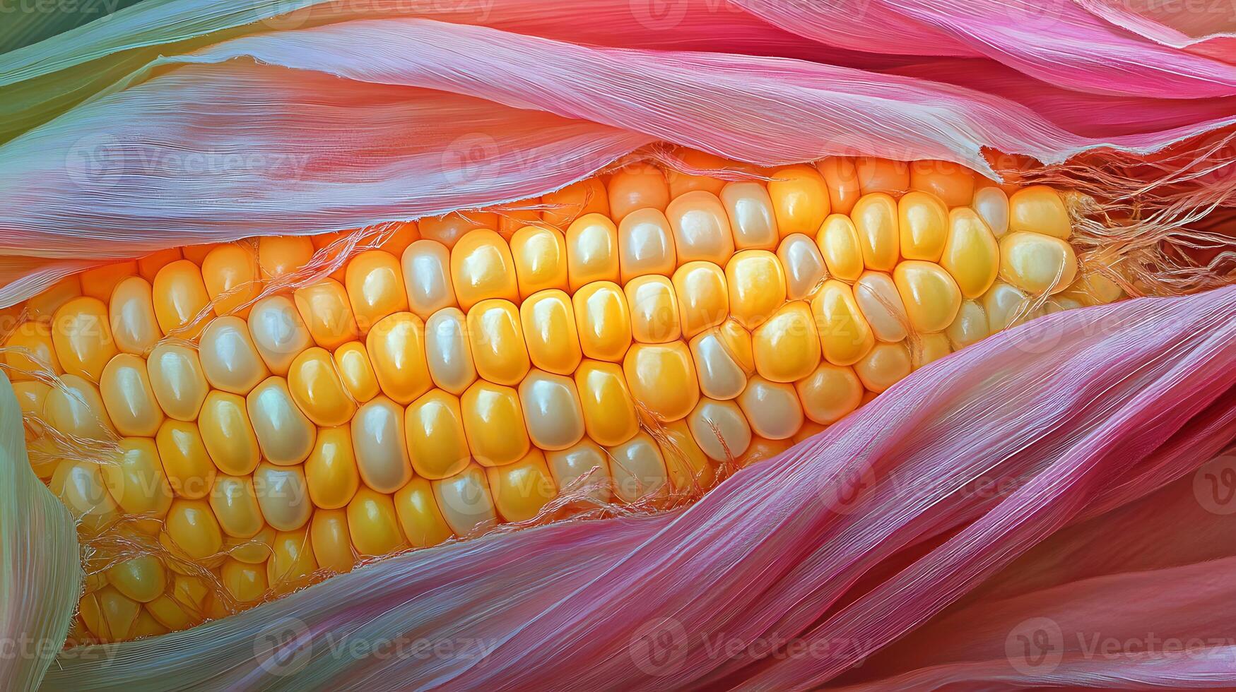 Close-up of a yellow corn cob with pink husks. photo