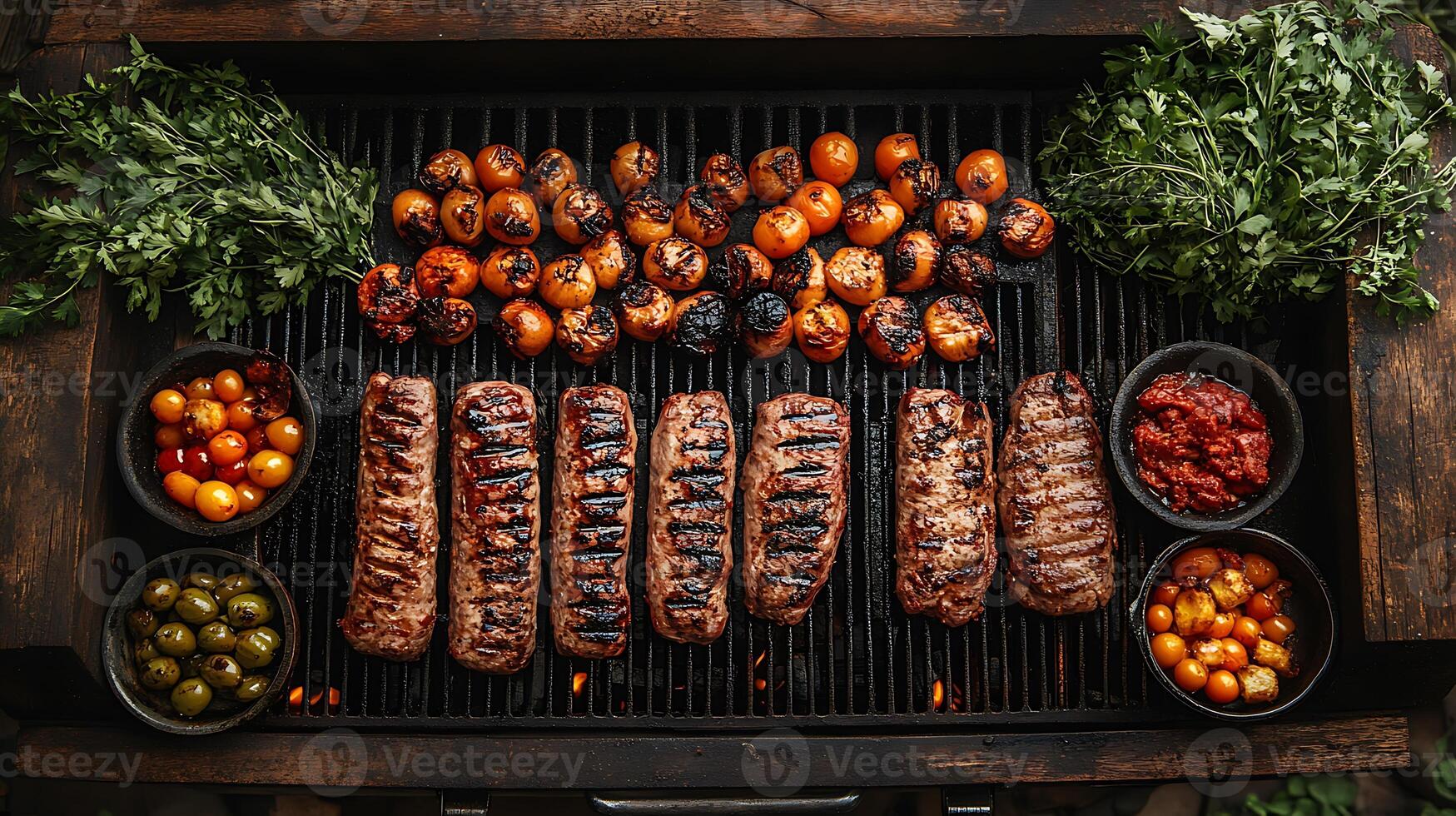 Grilled meat skewers with tomatoes and green herbs on a barbecue grill. photo