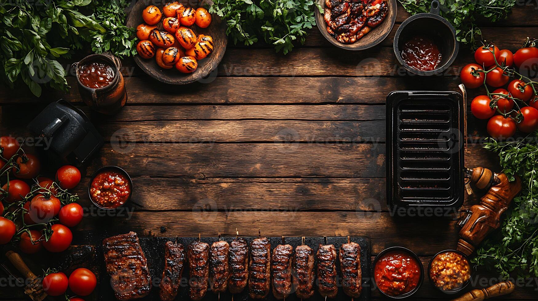 Grilled kebab skewers with tomatoes, herbs and sauces on rustic wooden table. photo