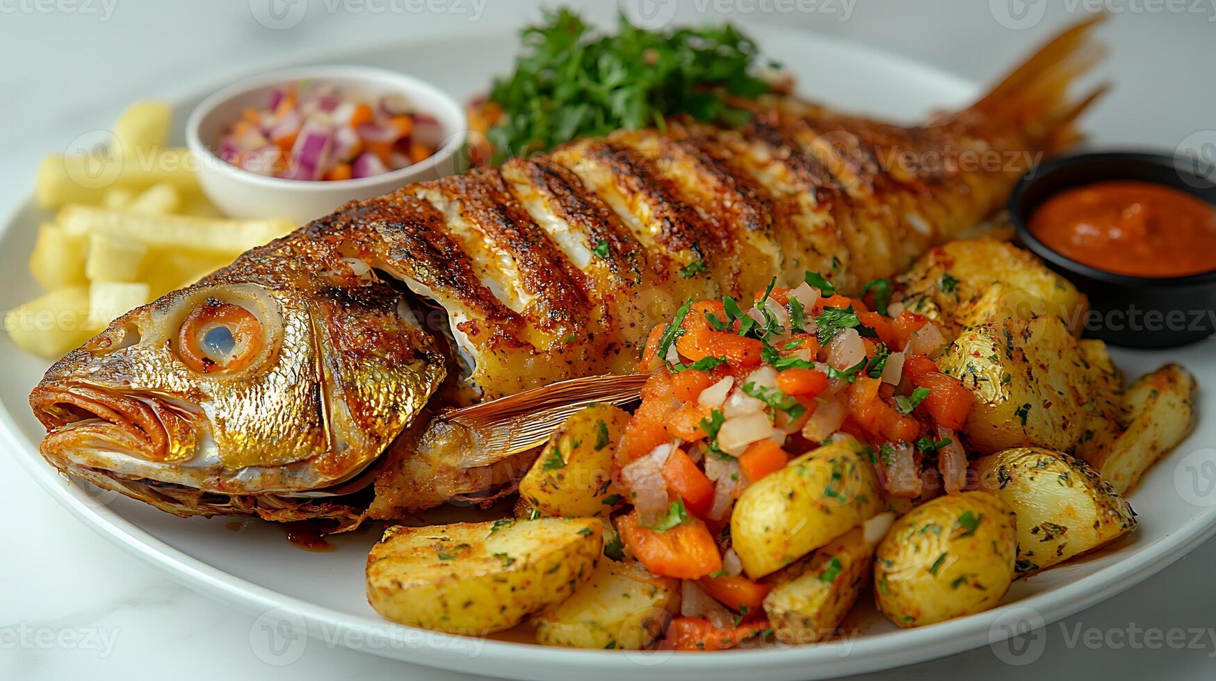 Grilled fish with french fries, potato wedges, salsa and a spicy sauce on a white plate. photo