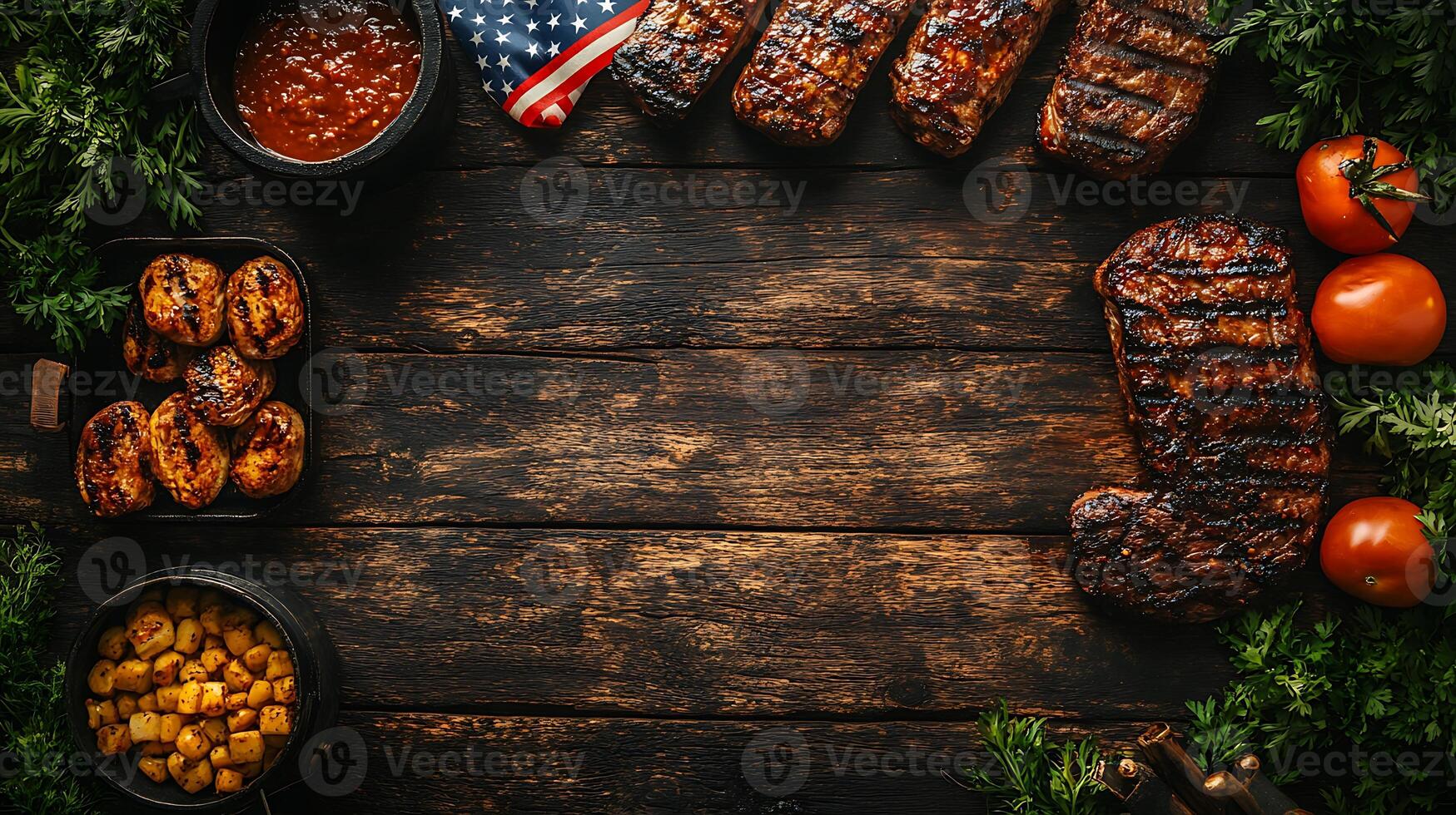 Grilled steak, potatoes, corn, and tomatoes on a wooden background with an American flag. photo