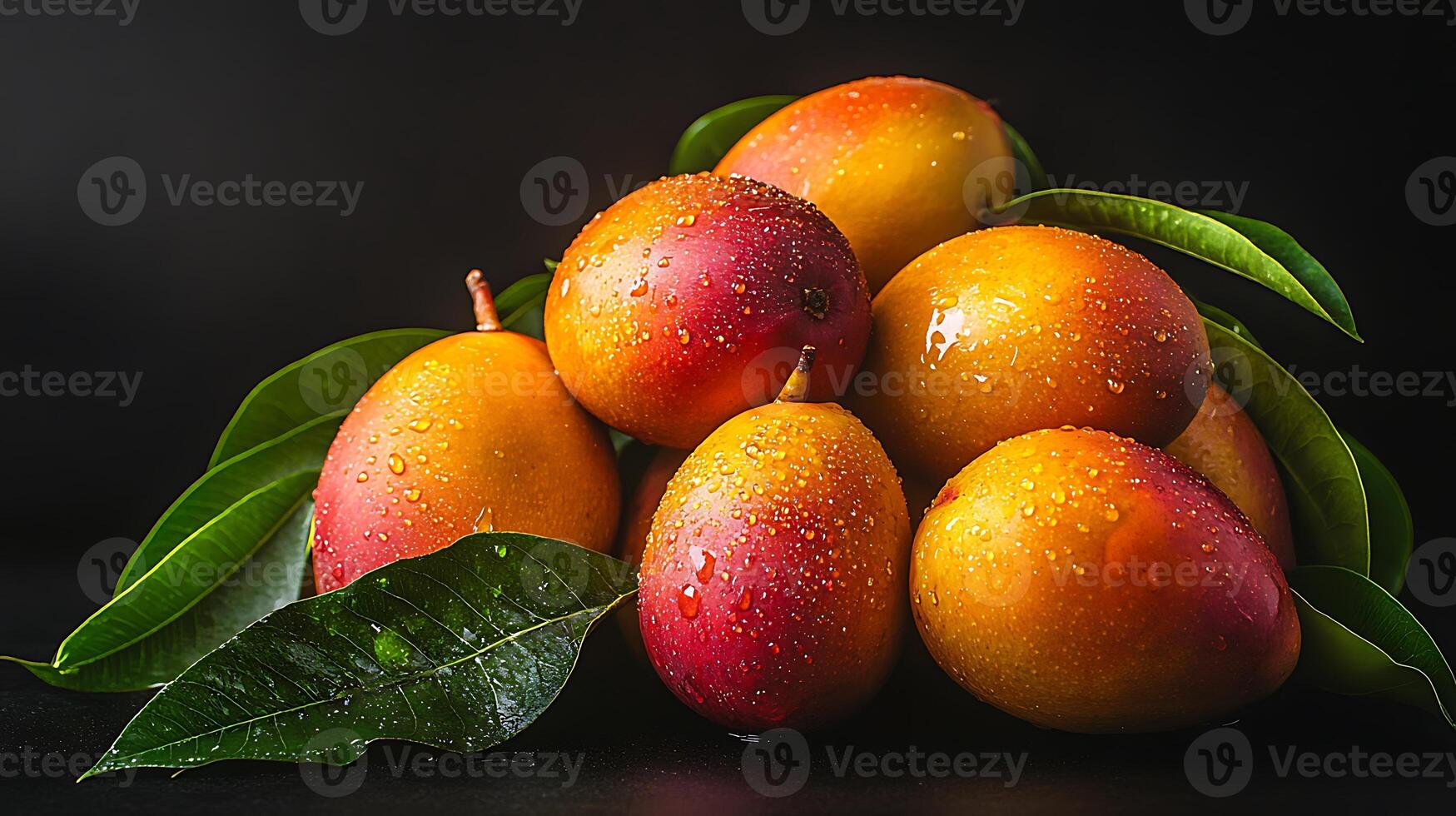 A pile of fresh mangoes with water droplets on a black background. photo