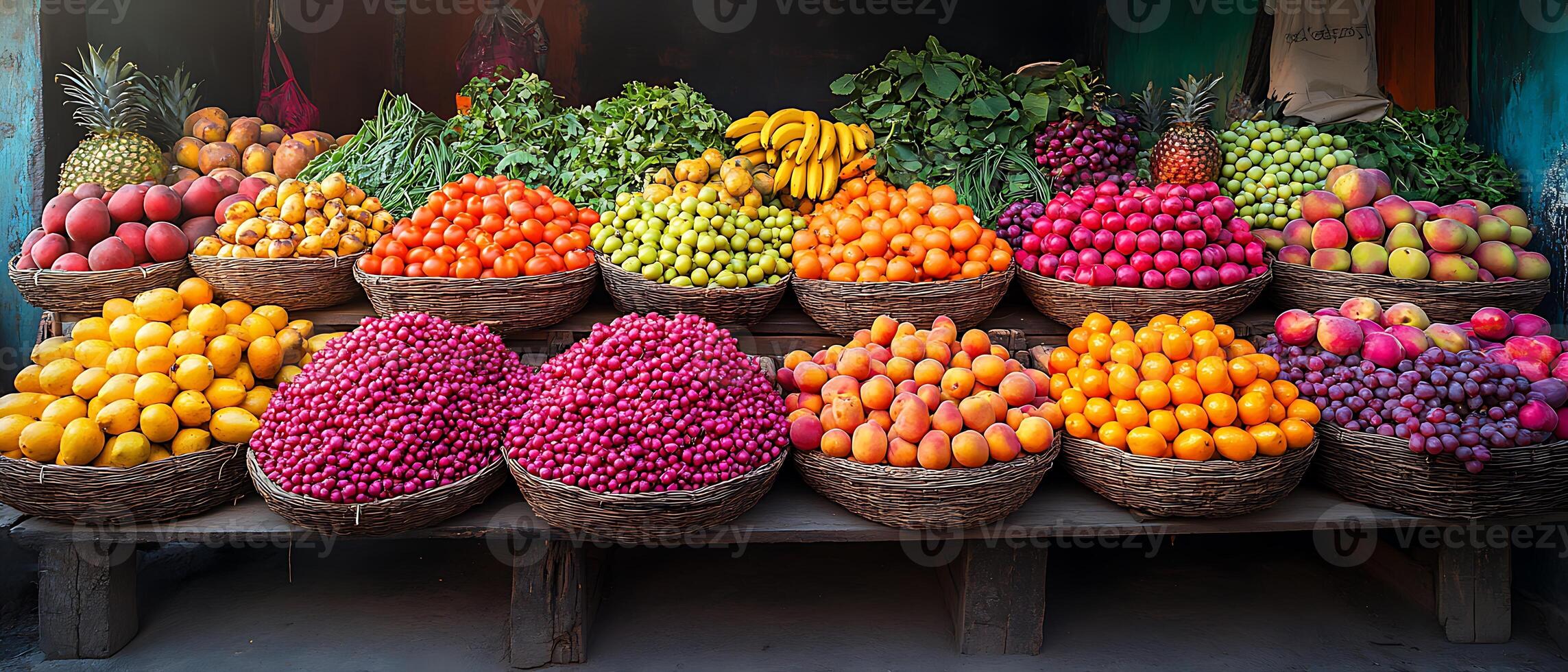 Colorful fruits arranged in baskets at a market stall. photo
