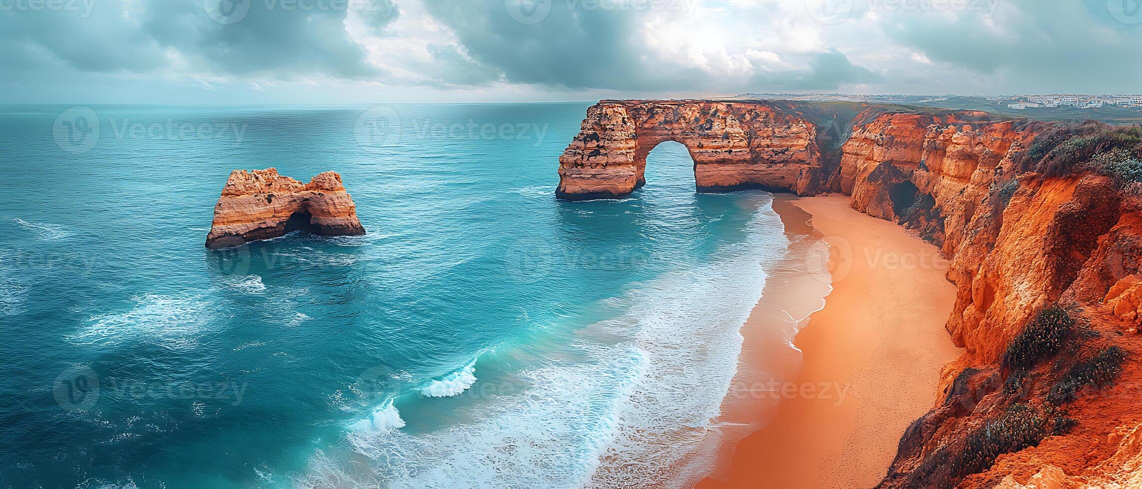 Scenic coastal view featuring a natural rock arch and sandy beach. photo